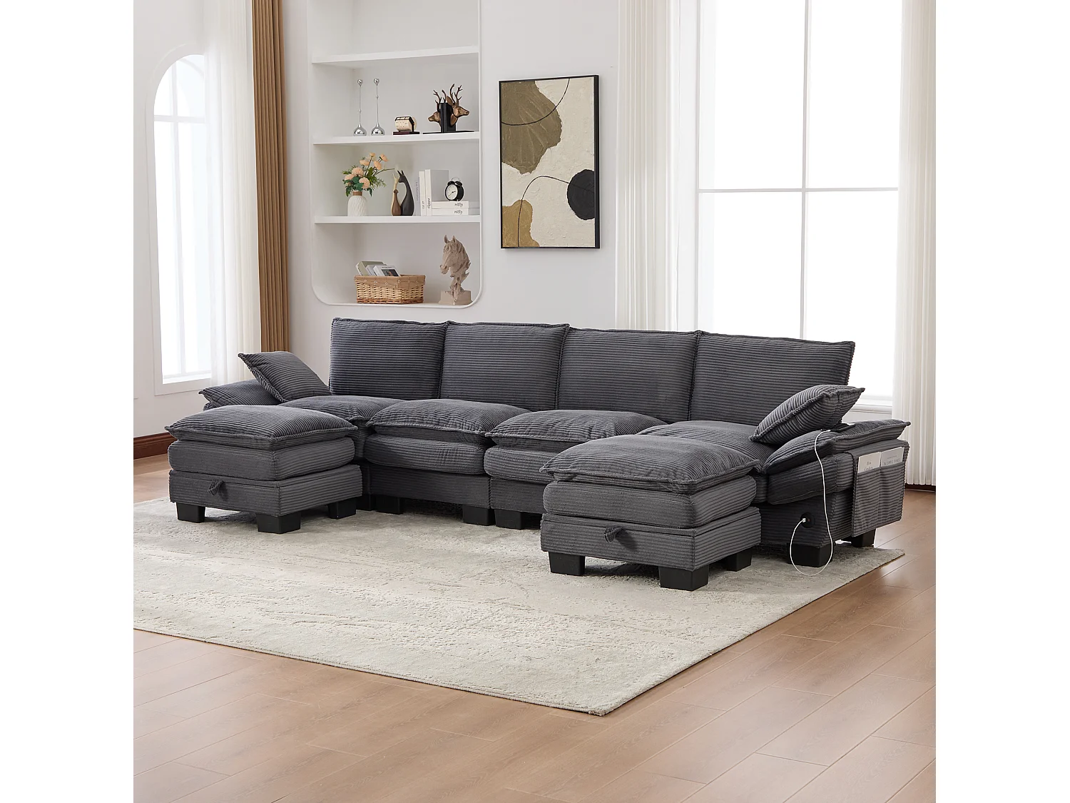 Zestaw wypoczynkowy z tkaniny sztruksowej dla 4 osób - 330 x 132 x 84 cm - z 2 pufami ze schowkiem + port USB + kieszenie - ciemnoszary