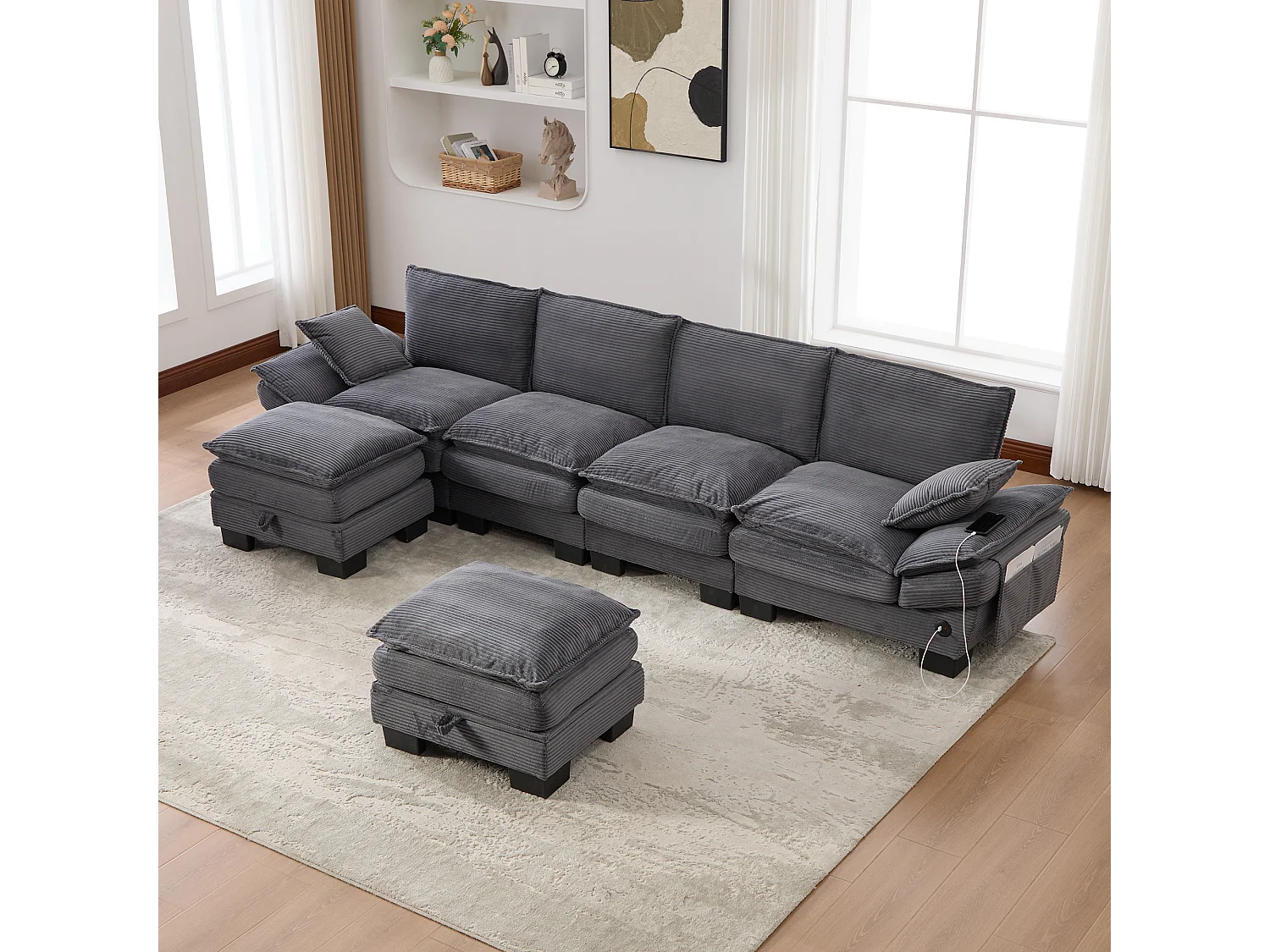 Zestaw wypoczynkowy z tkaniny sztruksowej dla 4 osób - 330 x 132 x 84 cm - z 2 pufami ze schowkiem + port USB + kieszenie - ciemnoszary