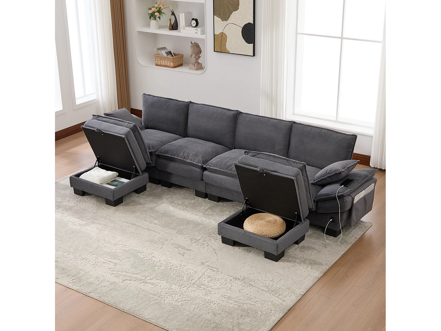 Zestaw wypoczynkowy z tkaniny sztruksowej dla 4 osób - 330 x 132 x 84 cm - z 2 pufami ze schowkiem + port USB + kieszenie - ciemnoszary