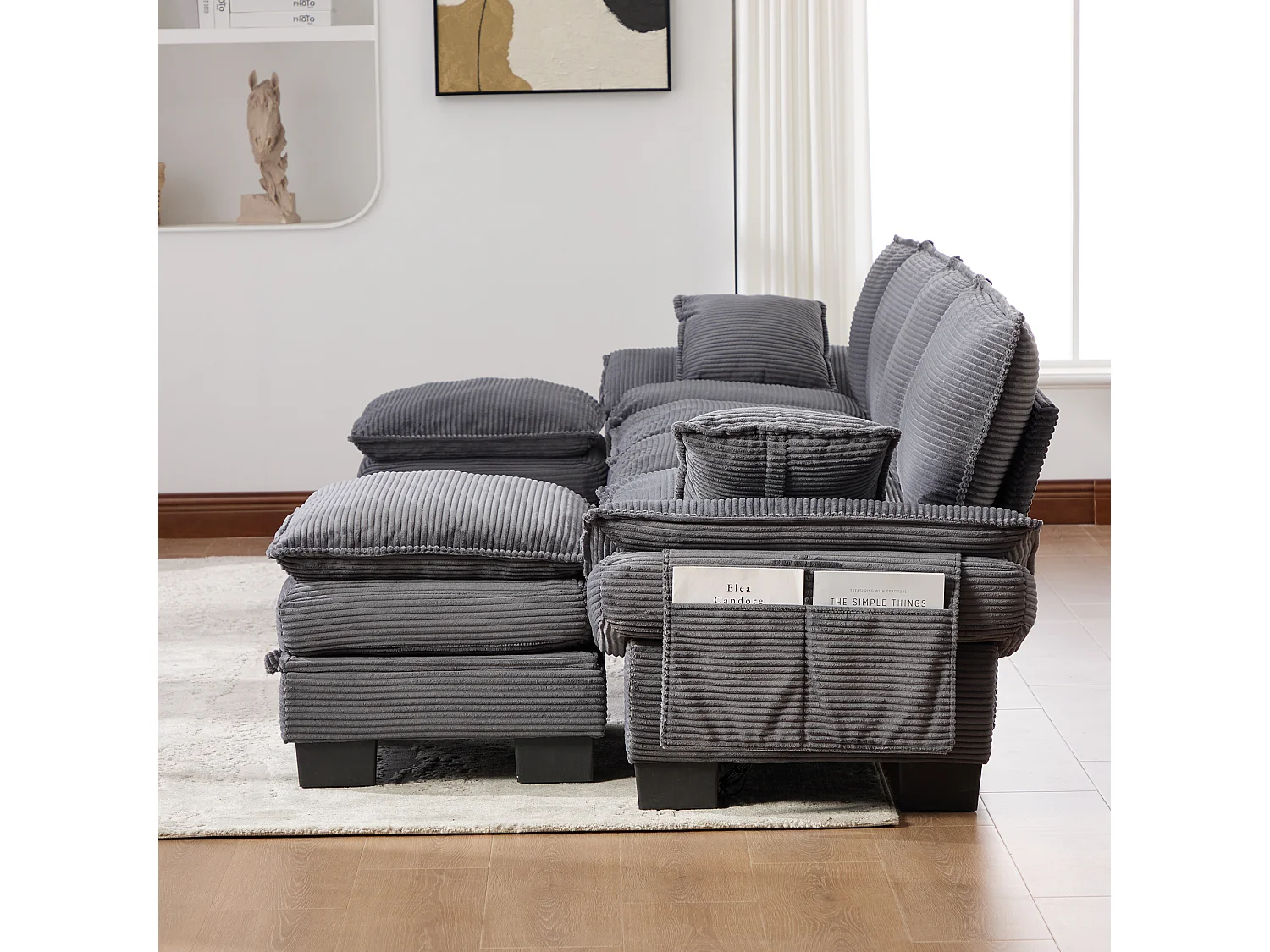 Zestaw wypoczynkowy z tkaniny sztruksowej dla 4 osób - 330 x 132 x 84 cm - z 2 pufami ze schowkiem + port USB + kieszenie - ciemnoszary