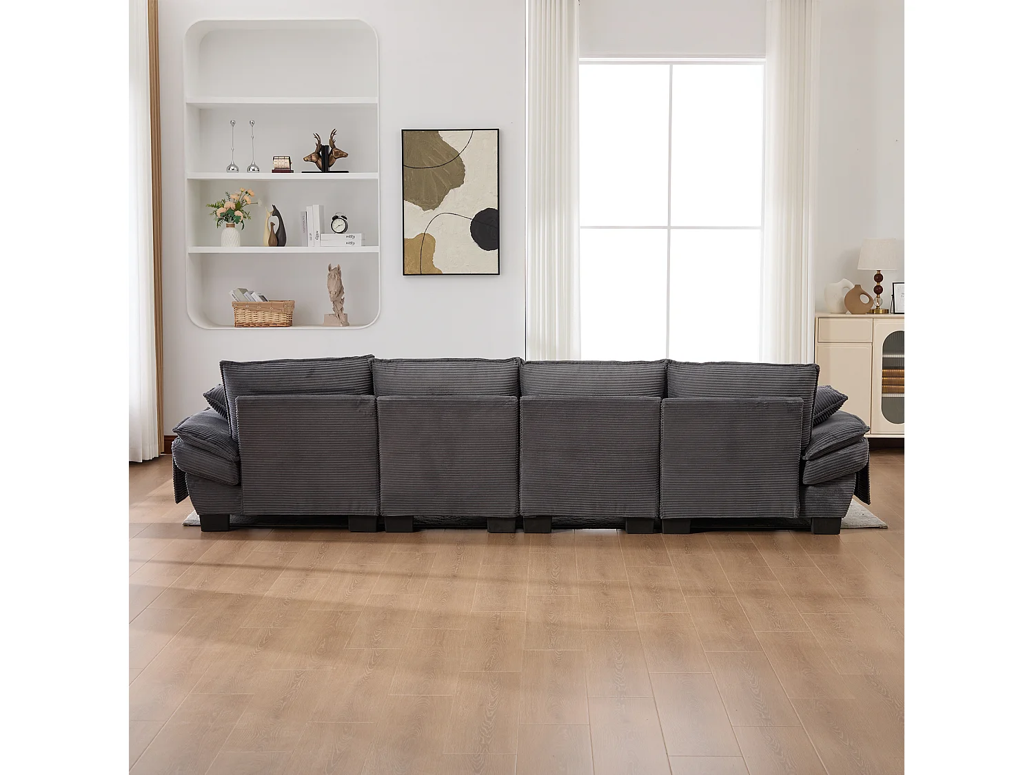 Zestaw wypoczynkowy z tkaniny sztruksowej dla 4 osób - 330 x 132 x 84 cm - z 2 pufami ze schowkiem + port USB + kieszenie - ciemnoszary