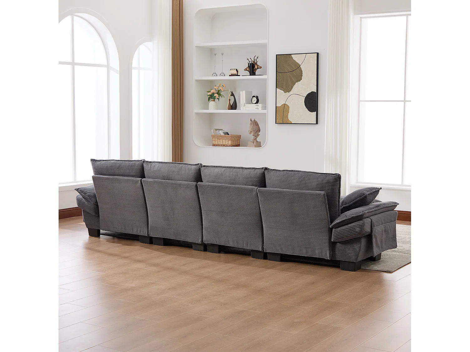 Zestaw wypoczynkowy z tkaniny sztruksowej dla 4 osób - 330 x 132 x 84 cm - z 2 pufami ze schowkiem + port USB + kieszenie - ciemnoszary