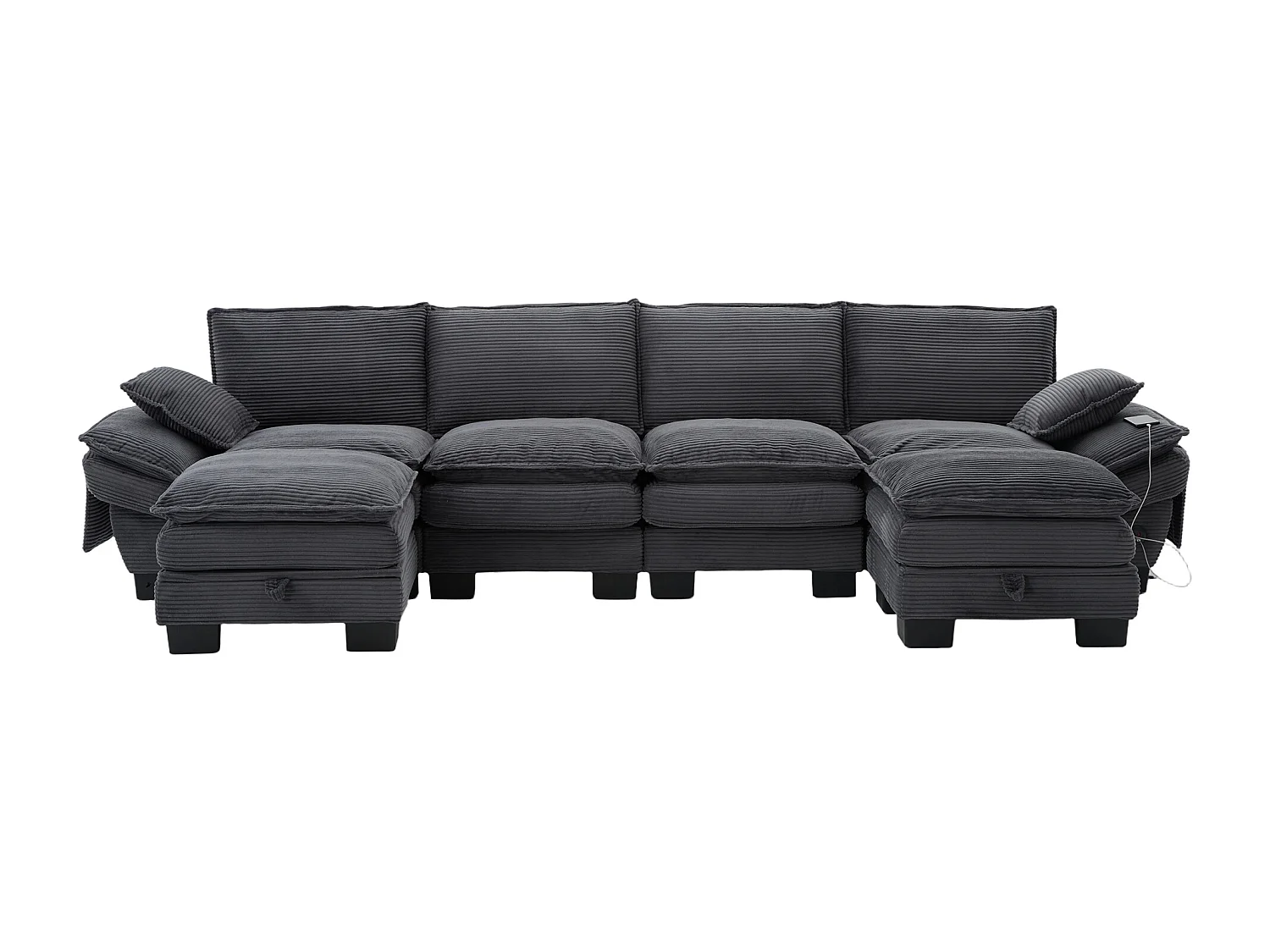 Zestaw wypoczynkowy z tkaniny sztruksowej dla 4 osób - 330 x 132 x 84 cm - z 2 pufami ze schowkiem + port USB + kieszenie - ciemnoszary