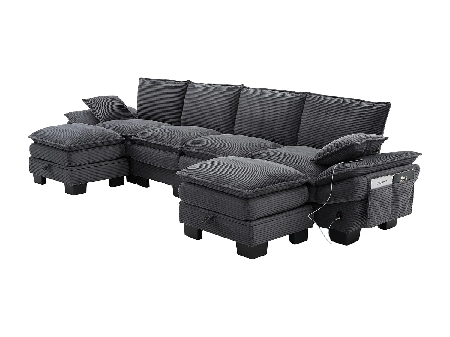 Zestaw wypoczynkowy z tkaniny sztruksowej dla 4 osób - 330 x 132 x 84 cm - z 2 pufami ze schowkiem + port USB + kieszenie - ciemnoszary