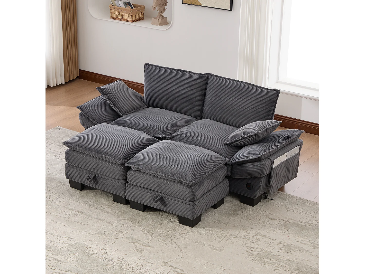 Zestaw wypoczynkowy z tkaniny sztruksowej, 2-osobowy - 190 x 132 x 84 cm - z 2 pufami ze schowkiem + port USB + kieszenie - ciemnoszary