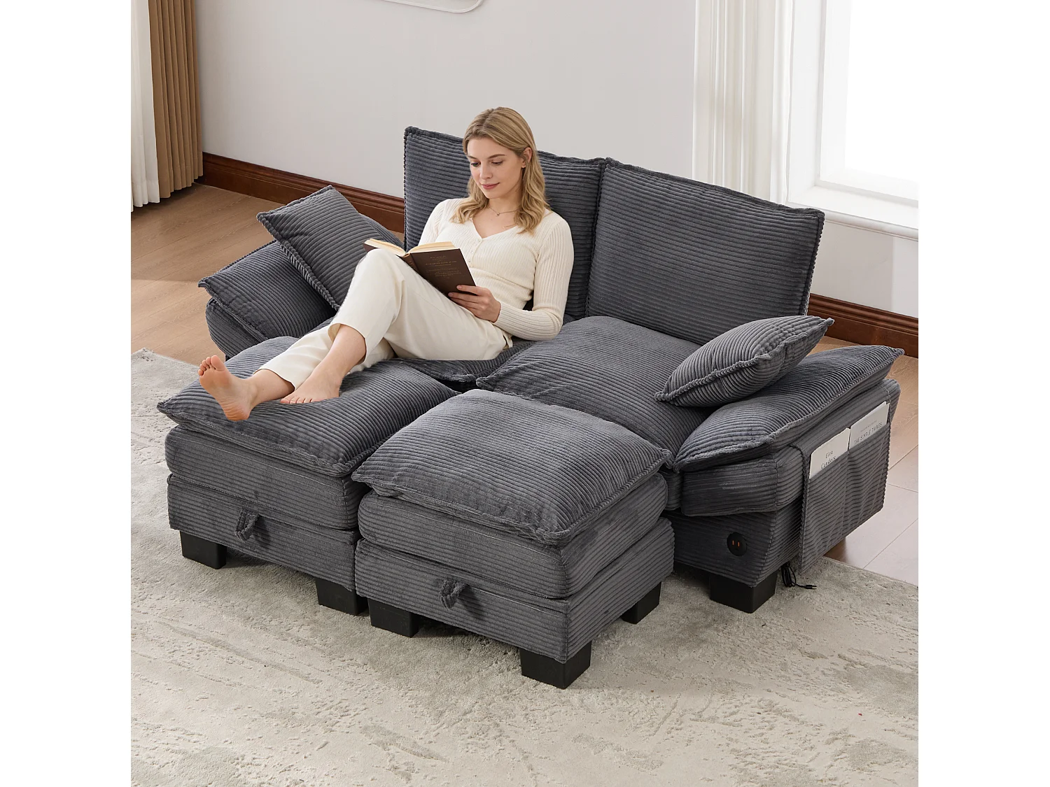 Zestaw wypoczynkowy z tkaniny sztruksowej, 2-osobowy - 190 x 132 x 84 cm - z 2 pufami ze schowkiem + port USB + kieszenie - ciemnoszary