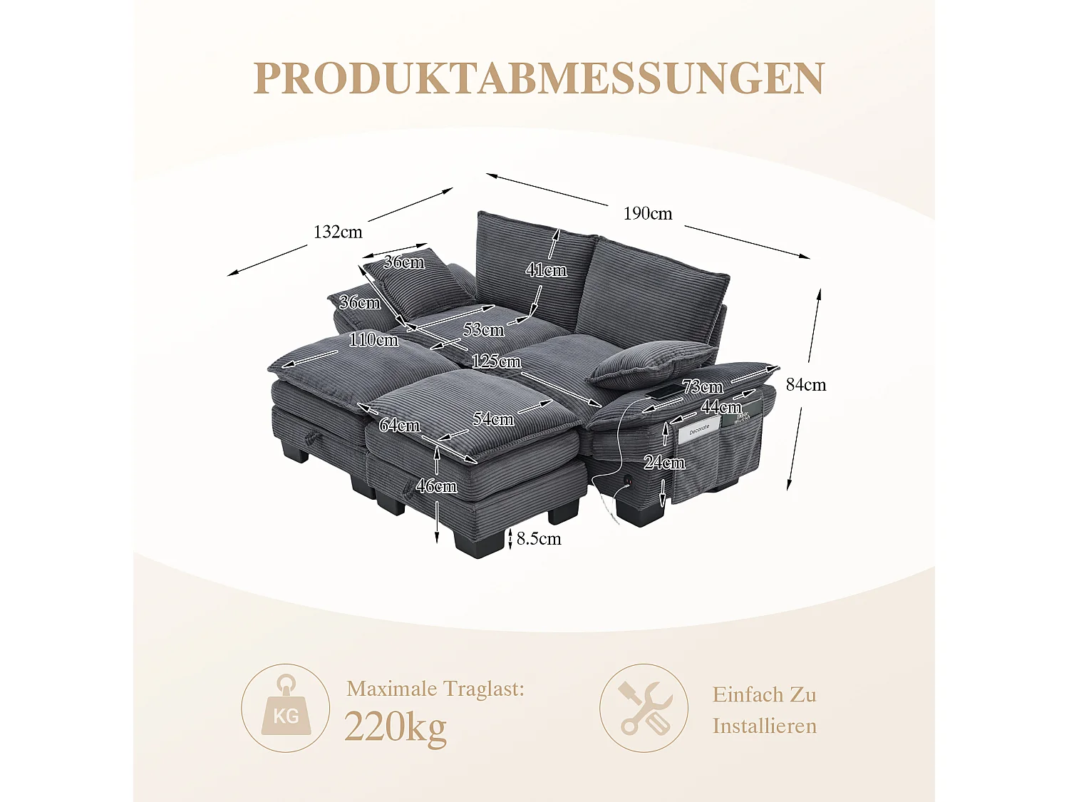 Zestaw wypoczynkowy z tkaniny sztruksowej, 2-osobowy - 190 x 132 x 84 cm - z 2 pufami ze schowkiem + port USB + kieszenie - ciemnoszary