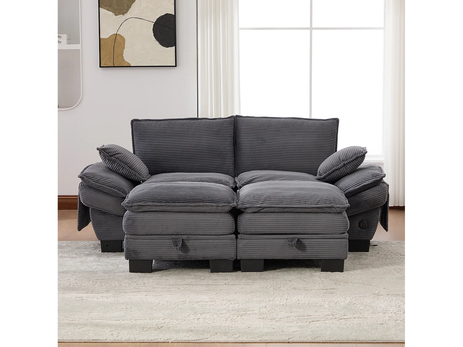 Zestaw wypoczynkowy z tkaniny sztruksowej, 2-osobowy - 190 x 132 x 84 cm - z 2 pufami ze schowkiem + port USB + kieszenie - ciemnoszary