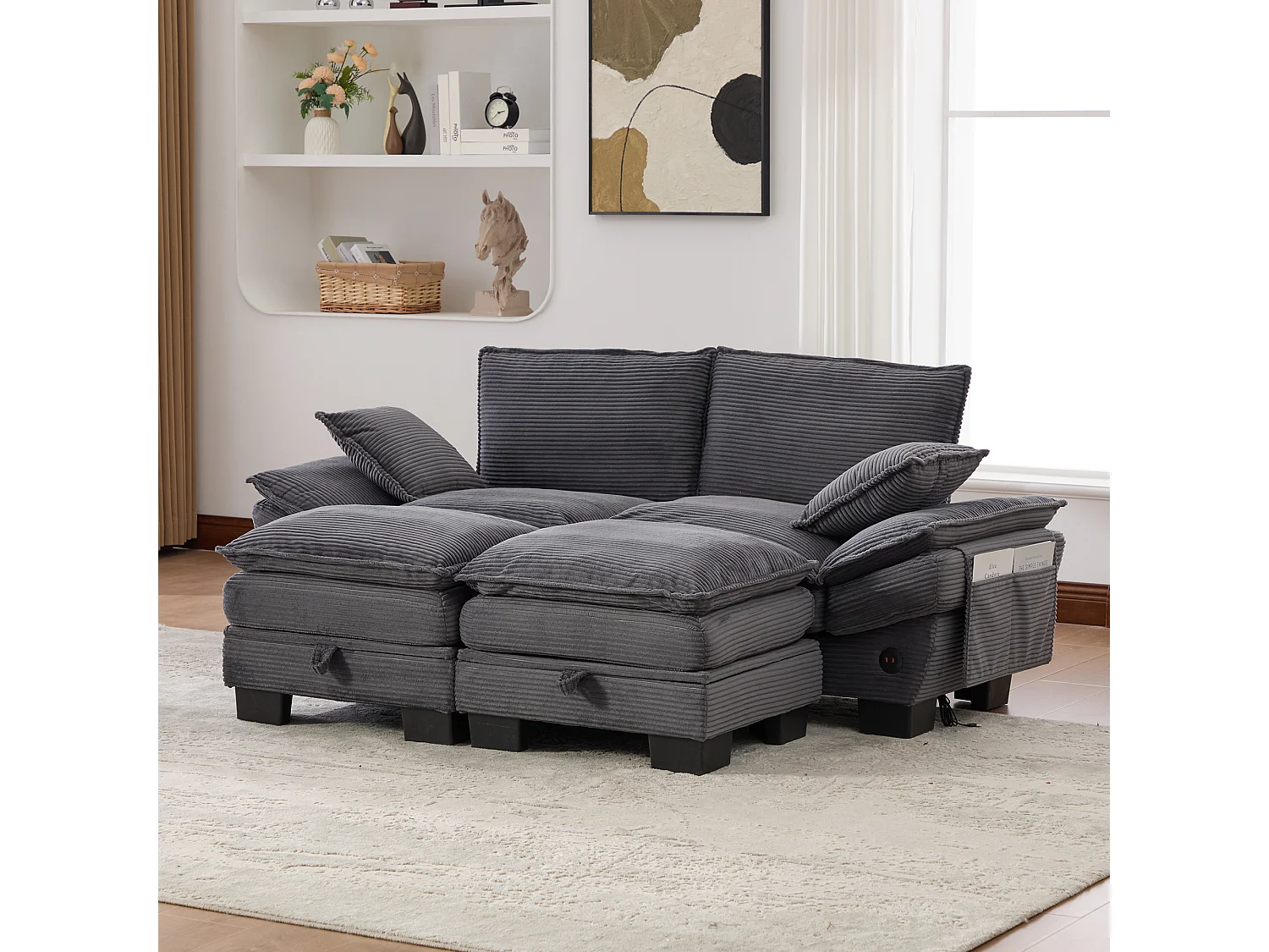 Zestaw wypoczynkowy z tkaniny sztruksowej, 2-osobowy - 190 x 132 x 84 cm - z 2 pufami ze schowkiem + port USB + kieszenie - ciemnoszary