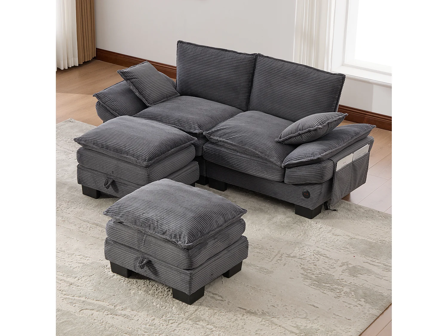 Zestaw wypoczynkowy z tkaniny sztruksowej, 2-osobowy - 190 x 132 x 84 cm - z 2 pufami ze schowkiem + port USB + kieszenie - ciemnoszary