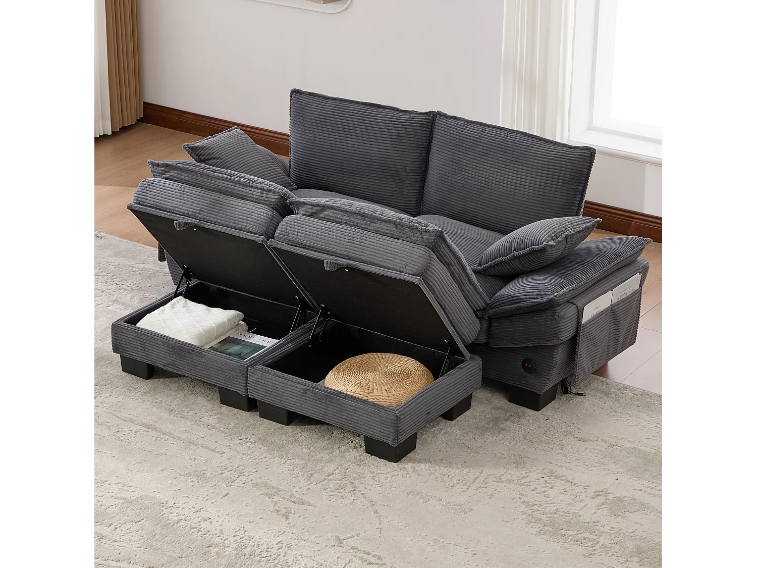 Zestaw wypoczynkowy z tkaniny sztruksowej, 2-osobowy - 190 x 132 x 84 cm - z 2 pufami ze schowkiem + port USB + kieszenie - ciemnoszary