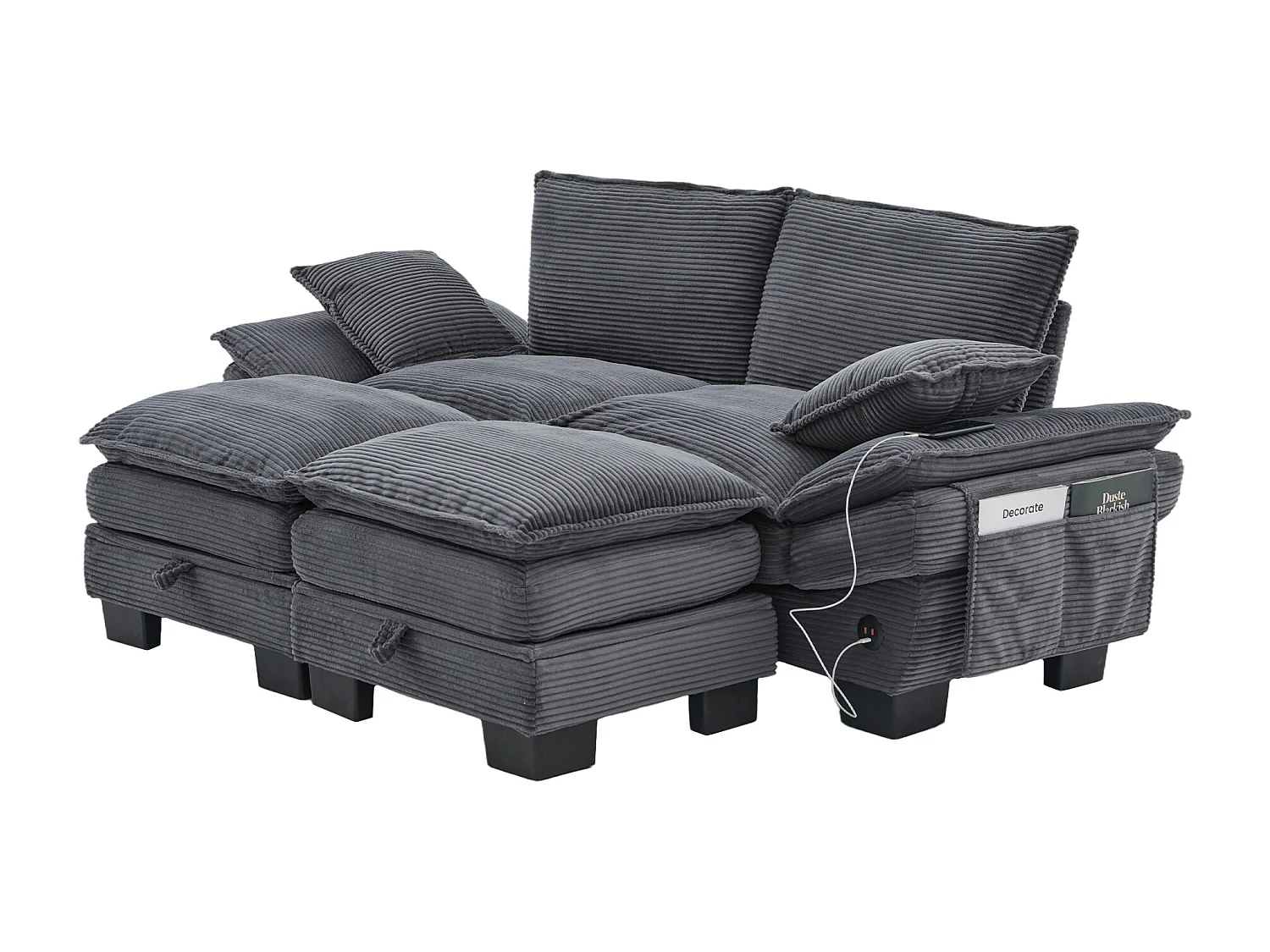 Zestaw wypoczynkowy z tkaniny sztruksowej, 2-osobowy - 190 x 132 x 84 cm - z 2 pufami ze schowkiem + port USB + kieszenie - ciemnoszary