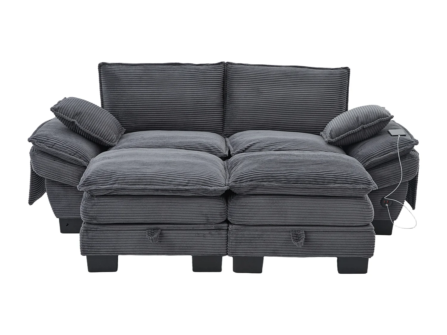 Zestaw wypoczynkowy z tkaniny sztruksowej, 2-osobowy - 190 x 132 x 84 cm - z 2 pufami ze schowkiem + port USB + kieszenie - ciemnoszary