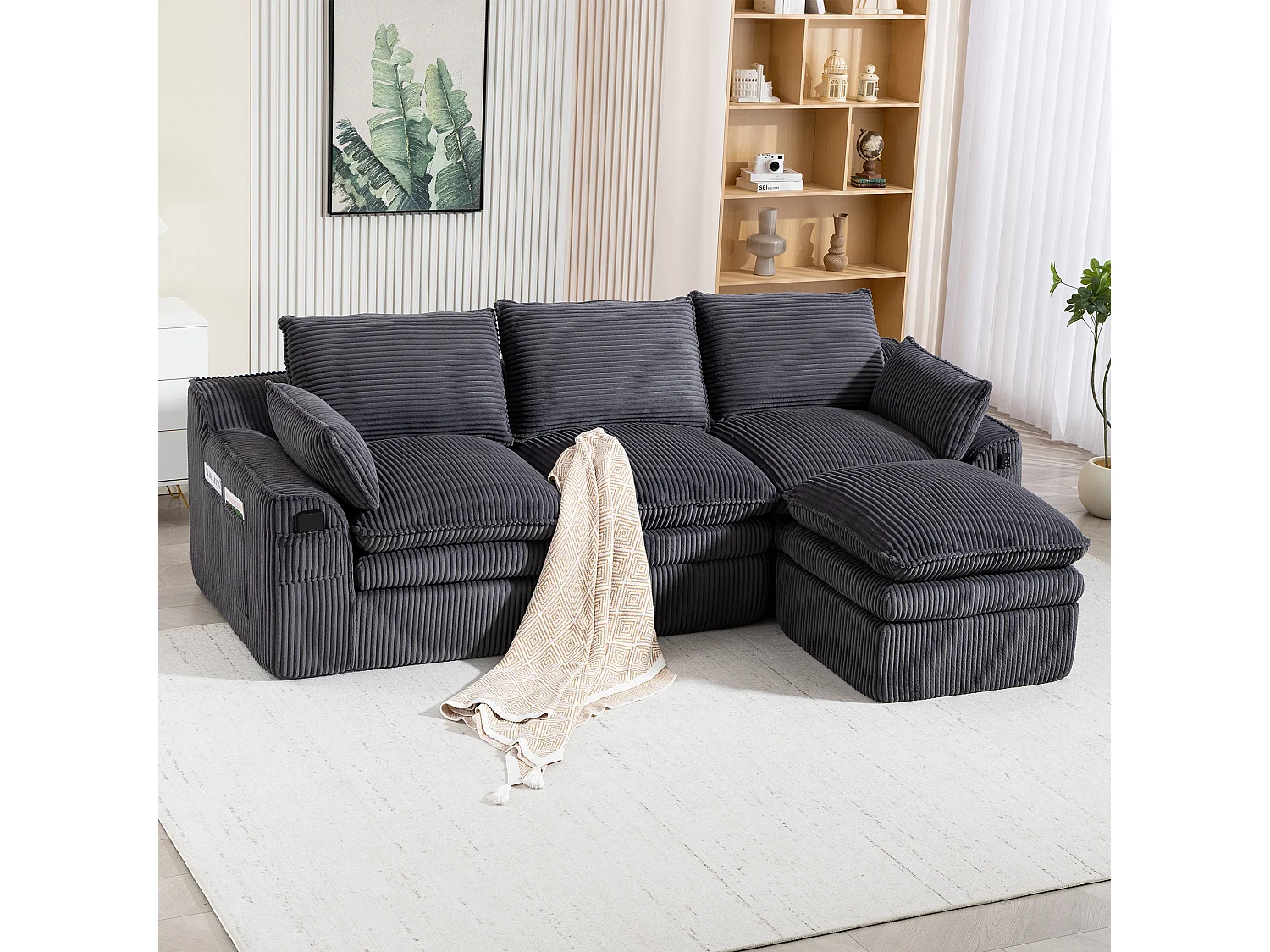 Modulares 3-Sitzer-Cordsofa-Set – 263 x 167 x 85 cm – mit 1 Hocker + Kissen + 2 Taschen – dunkelgrau