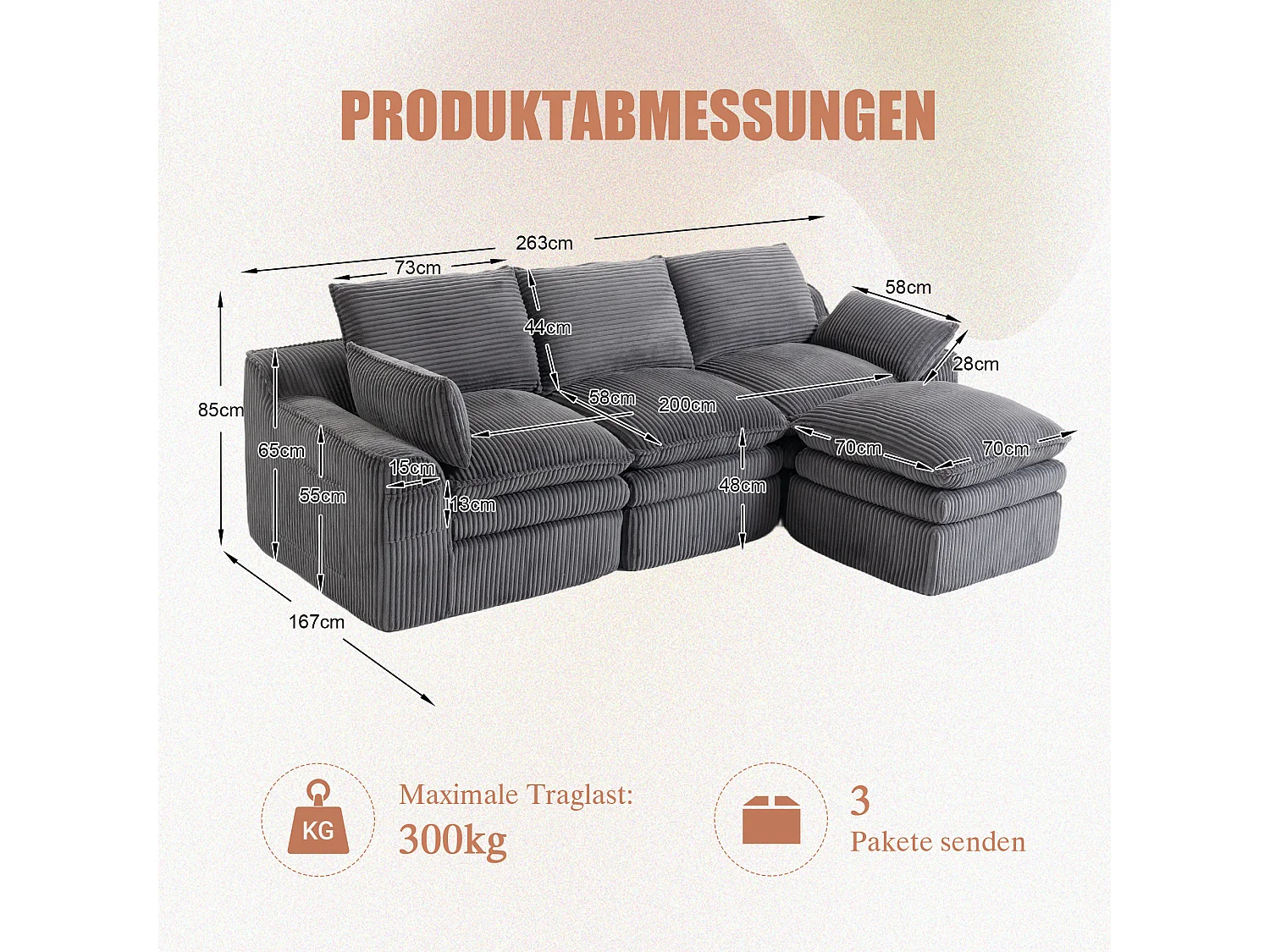 Modulares 3-Sitzer-Cordsofa-Set – 263 x 167 x 85 cm – mit 1 Hocker + Kissen + 2 Taschen – dunkelgrau