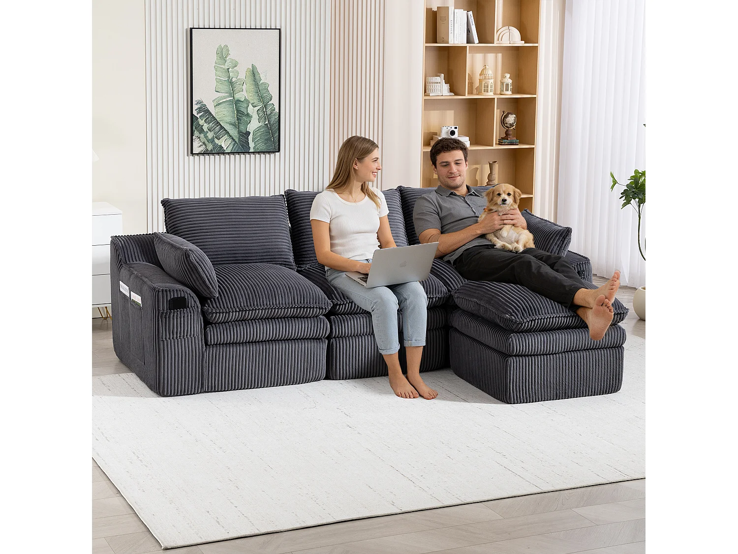 Modulares 3-Sitzer-Cordsofa-Set – 263 x 167 x 85 cm – mit 1 Hocker + Kissen + 2 Taschen – dunkelgrau