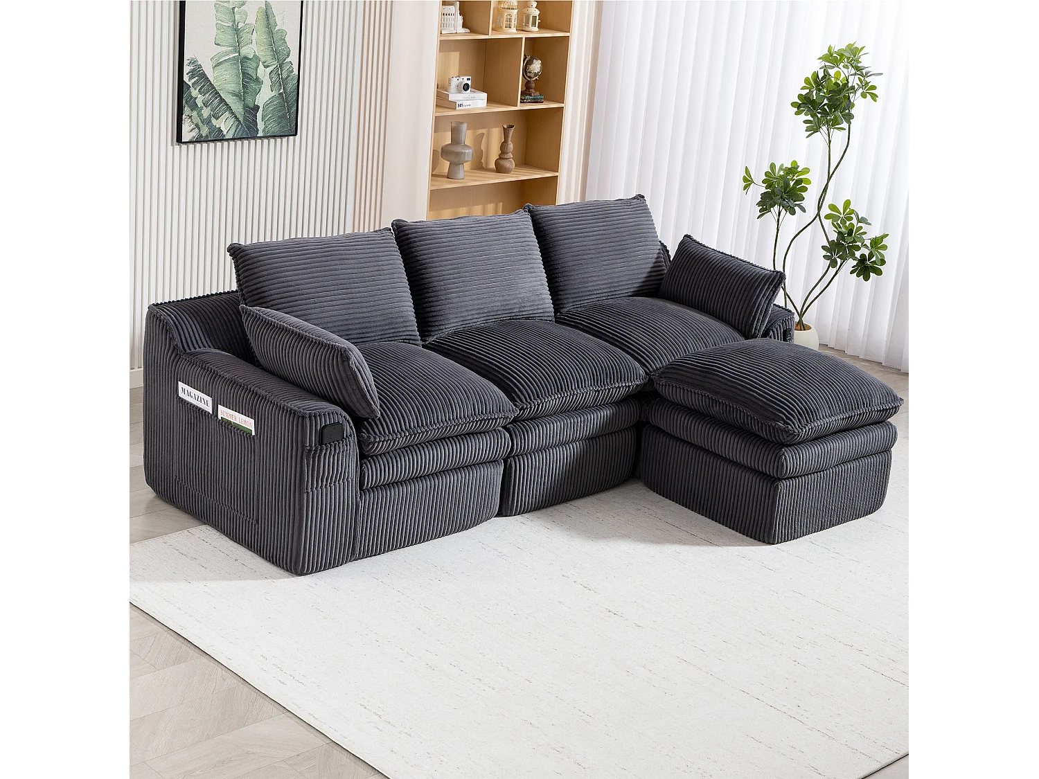 Modulares 3-Sitzer-Cordsofa-Set – 263 x 167 x 85 cm – mit 1 Hocker + Kissen + 2 Taschen – dunkelgrau