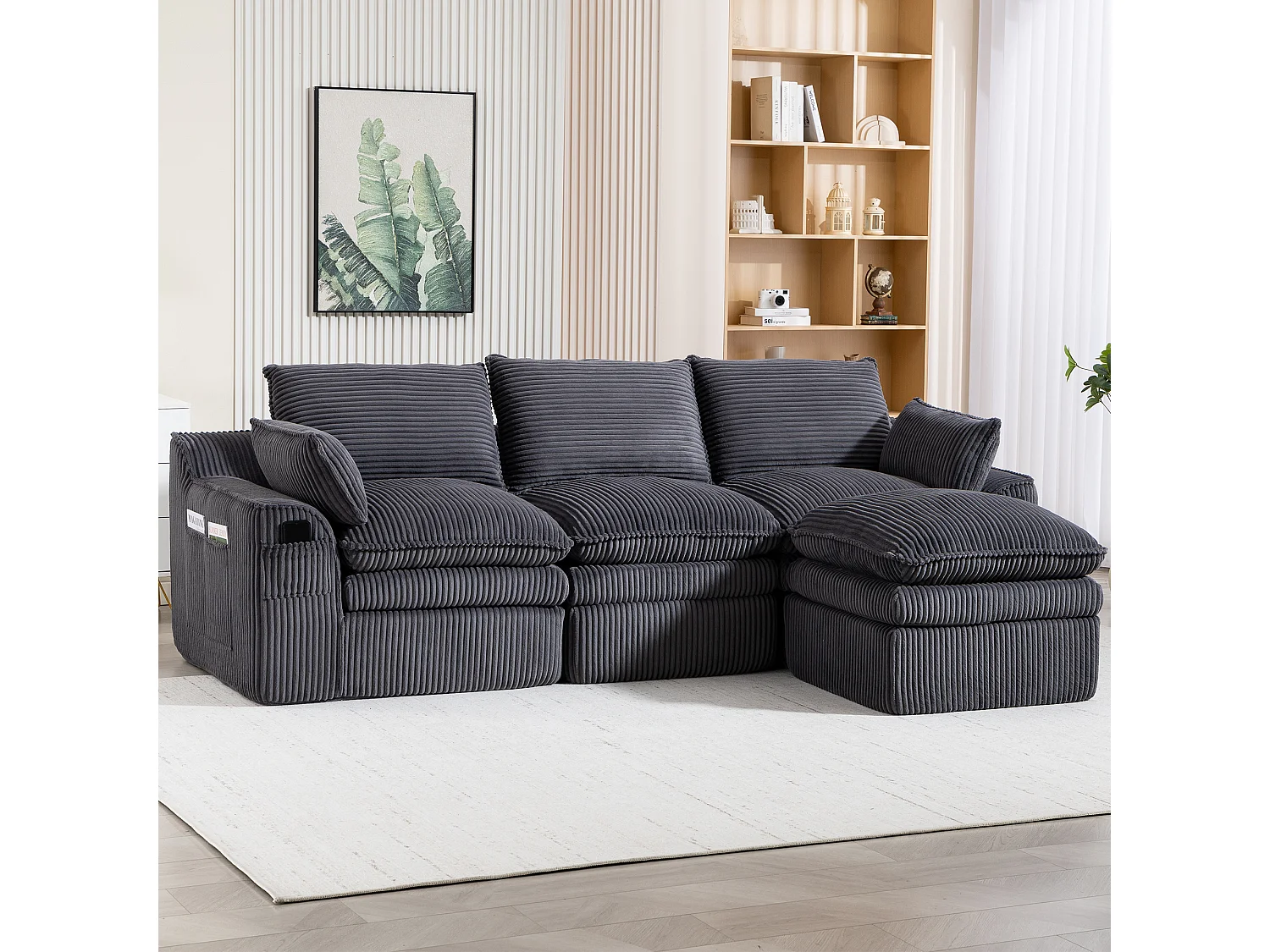 Modulares 3-Sitzer-Cordsofa-Set – 263 x 167 x 85 cm – mit 1 Hocker + Kissen + 2 Taschen – dunkelgrau