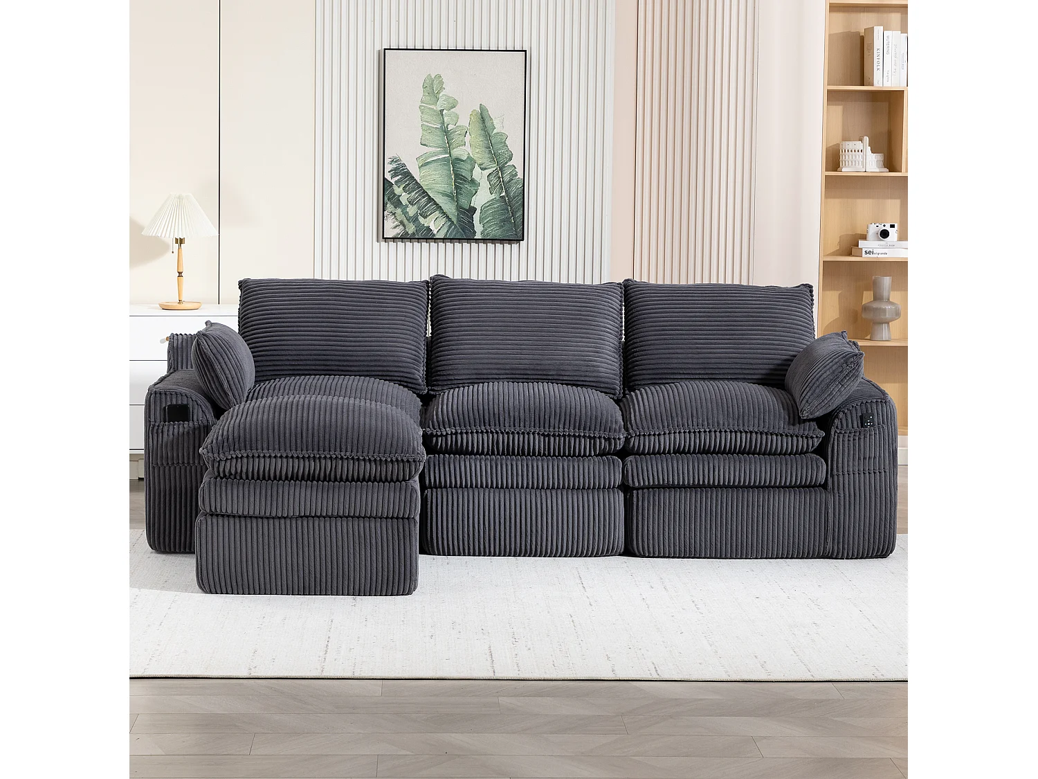 Modulares 3-Sitzer-Cordsofa-Set – 263 x 167 x 85 cm – mit 1 Hocker + Kissen + 2 Taschen – dunkelgrau