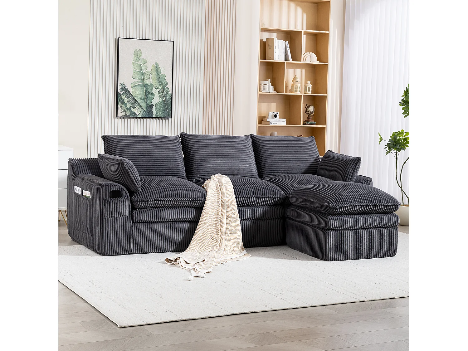 Modulares 3-Sitzer-Cordsofa-Set – 263 x 167 x 85 cm – mit 1 Hocker + Kissen + 2 Taschen – dunkelgrau