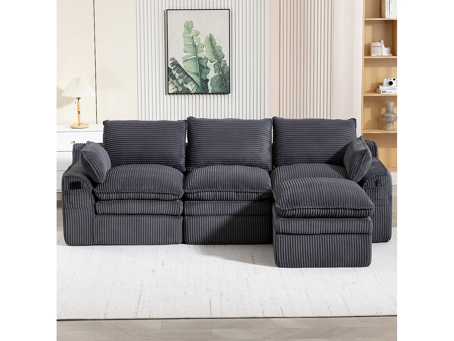 Modulares 3-Sitzer-Cordsofa-Set – 263 x 167 x 85 cm – mit 1 Hocker + Kissen + 2 Taschen – dunkelgrau