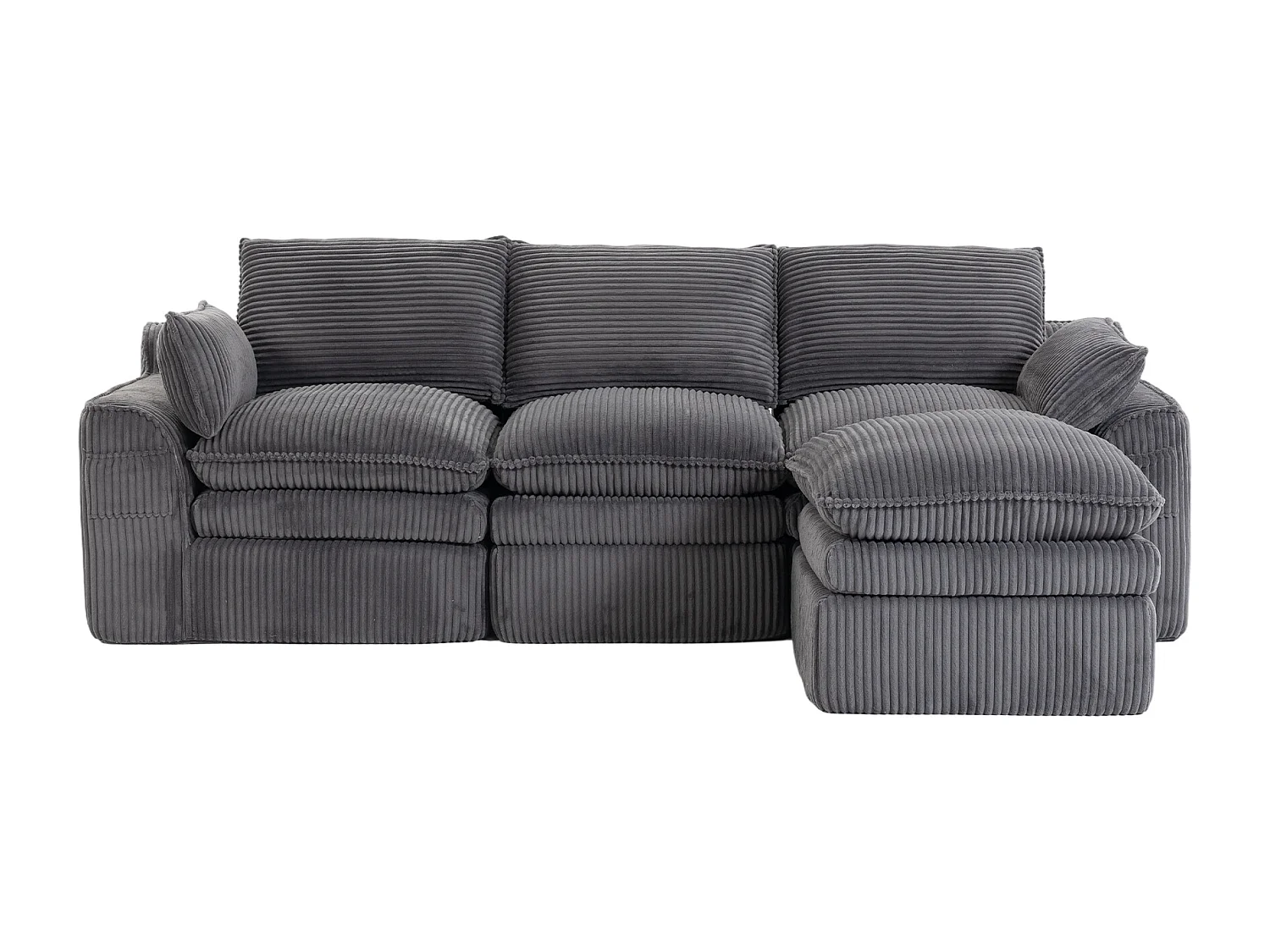 Modulares 3-Sitzer-Cordsofa-Set – 263 x 167 x 85 cm – mit 1 Hocker + Kissen + 2 Taschen – dunkelgrau