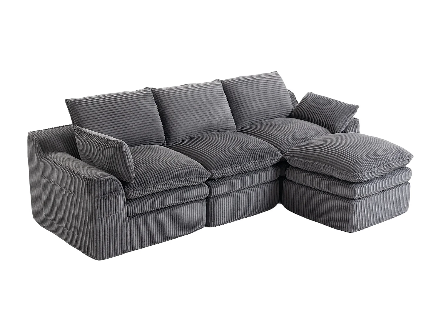 Modulares 3-Sitzer-Cordsofa-Set – 263 x 167 x 85 cm – mit 1 Hocker + Kissen + 2 Taschen – dunkelgrau