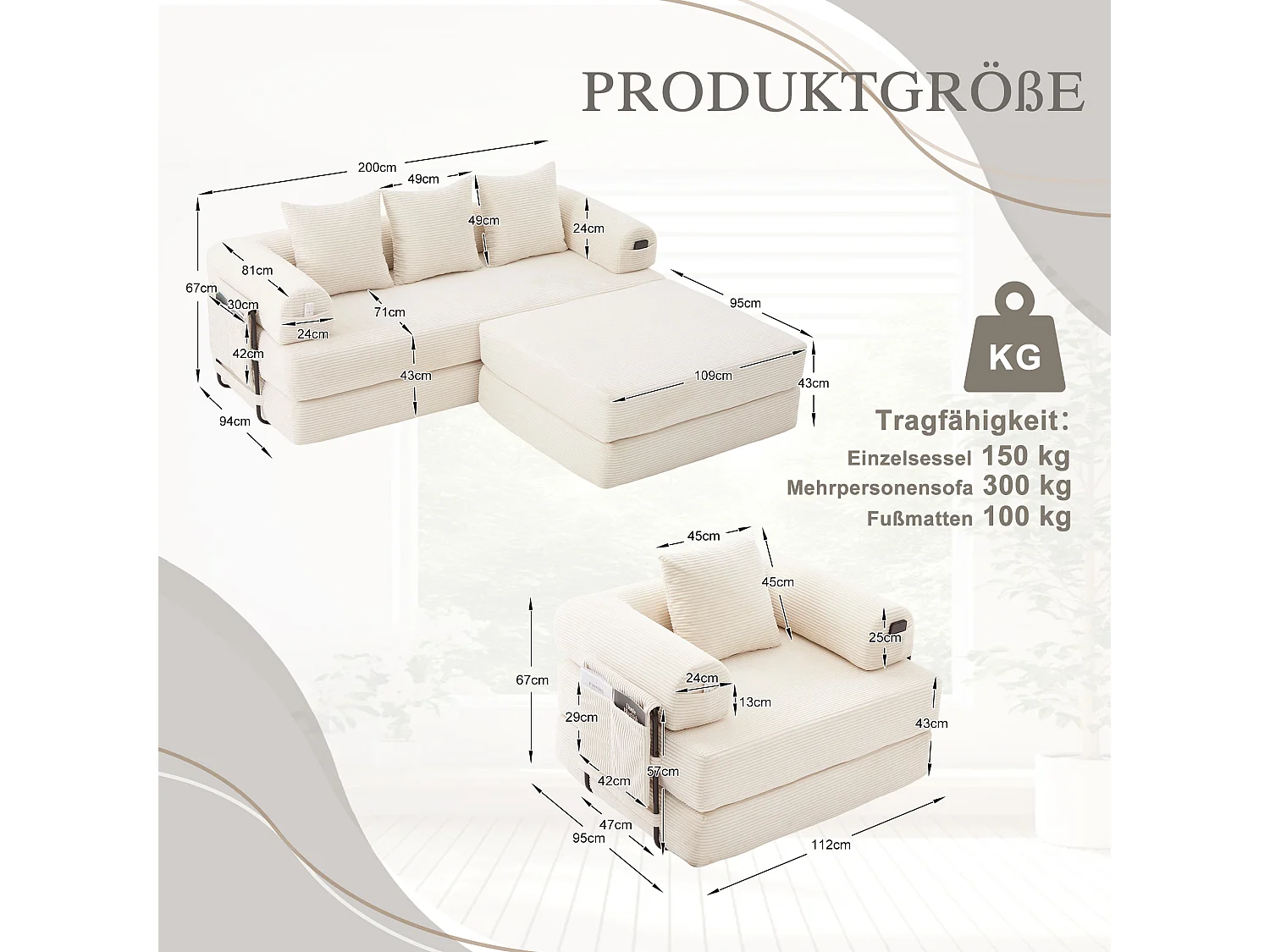 Conjunto de sofá modular de 4 lugares - 200 x 190 x 67 cm - com 4 almofadas + 1 poltrona - veludo cotelê - bege