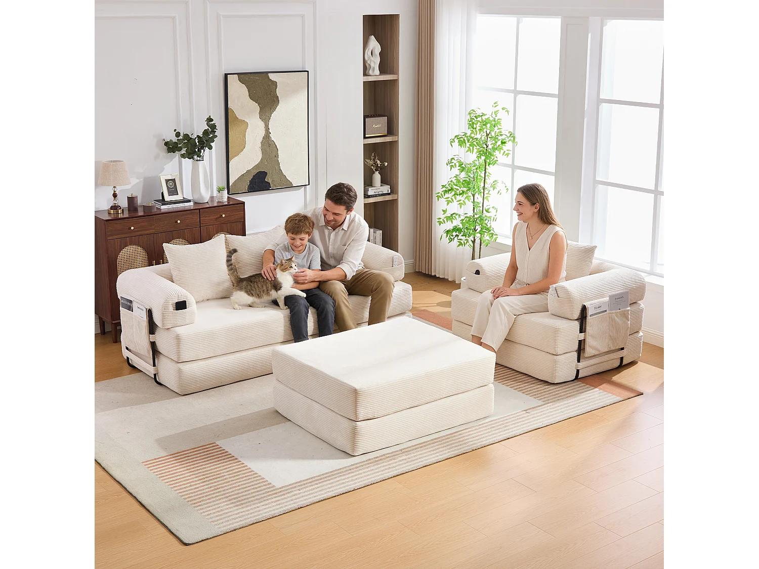 Conjunto de sofá modular de 4 lugares - 200 x 190 x 67 cm - com 4 almofadas + 1 poltrona - veludo cotelê - bege