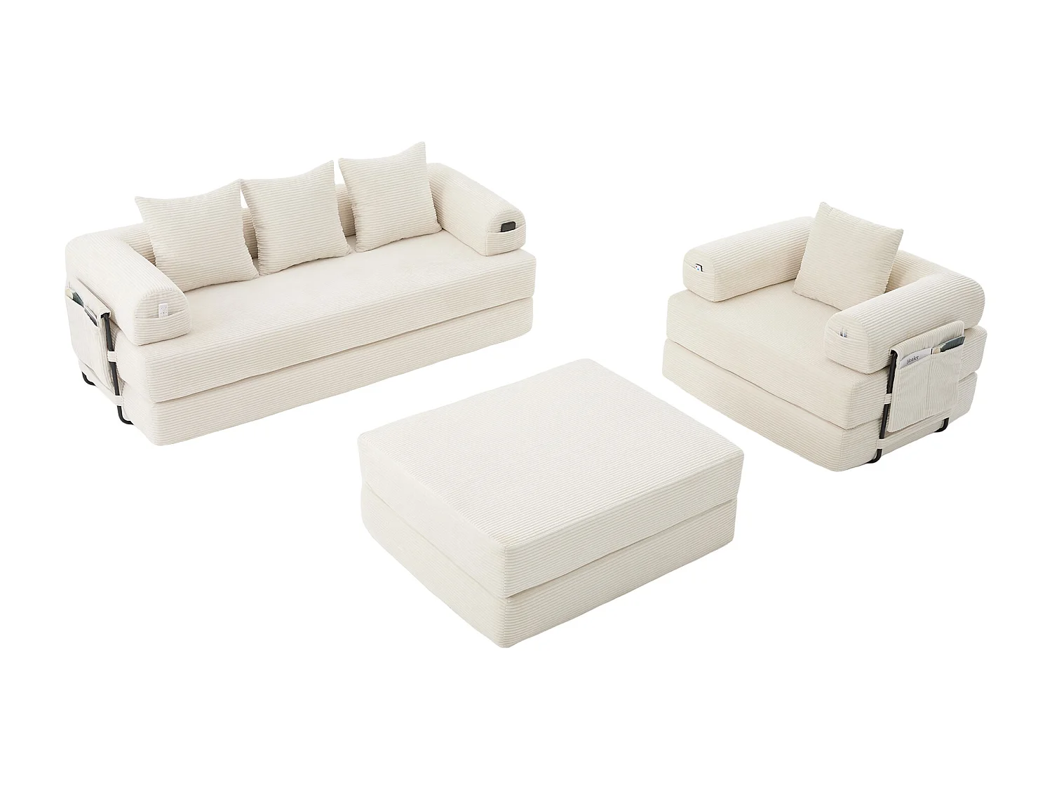 Conjunto de sofá modular de 4 lugares - 200 x 190 x 67 cm - com 4 almofadas + 1 poltrona - veludo cotelê - bege