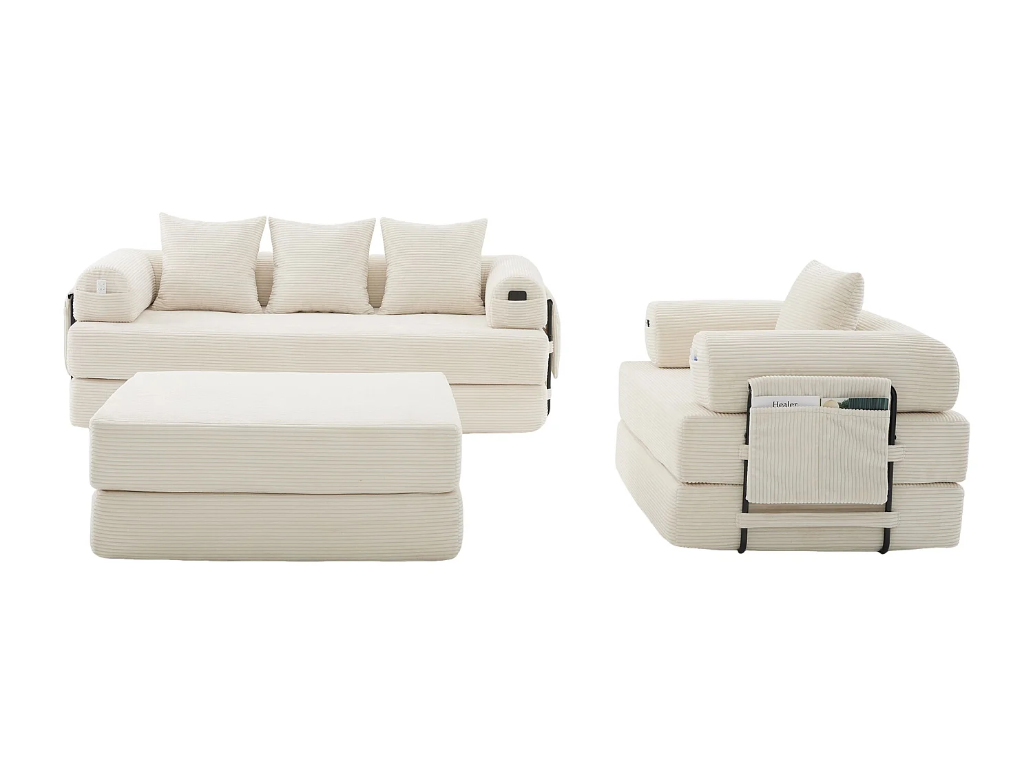 Conjunto de sofá modular de 4 lugares - 200 x 190 x 67 cm - com 4 almofadas + 1 poltrona - veludo cotelê - bege