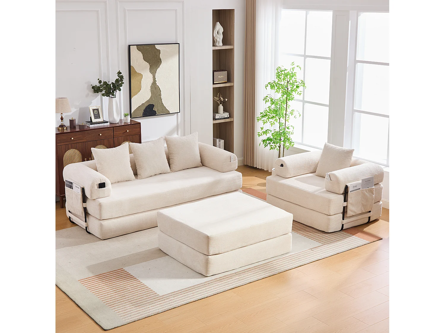 Conjunto de sofá modular de 4 lugares - 200 x 190 x 67 cm - com 4 almofadas + 1 poltrona - veludo cotelê - bege