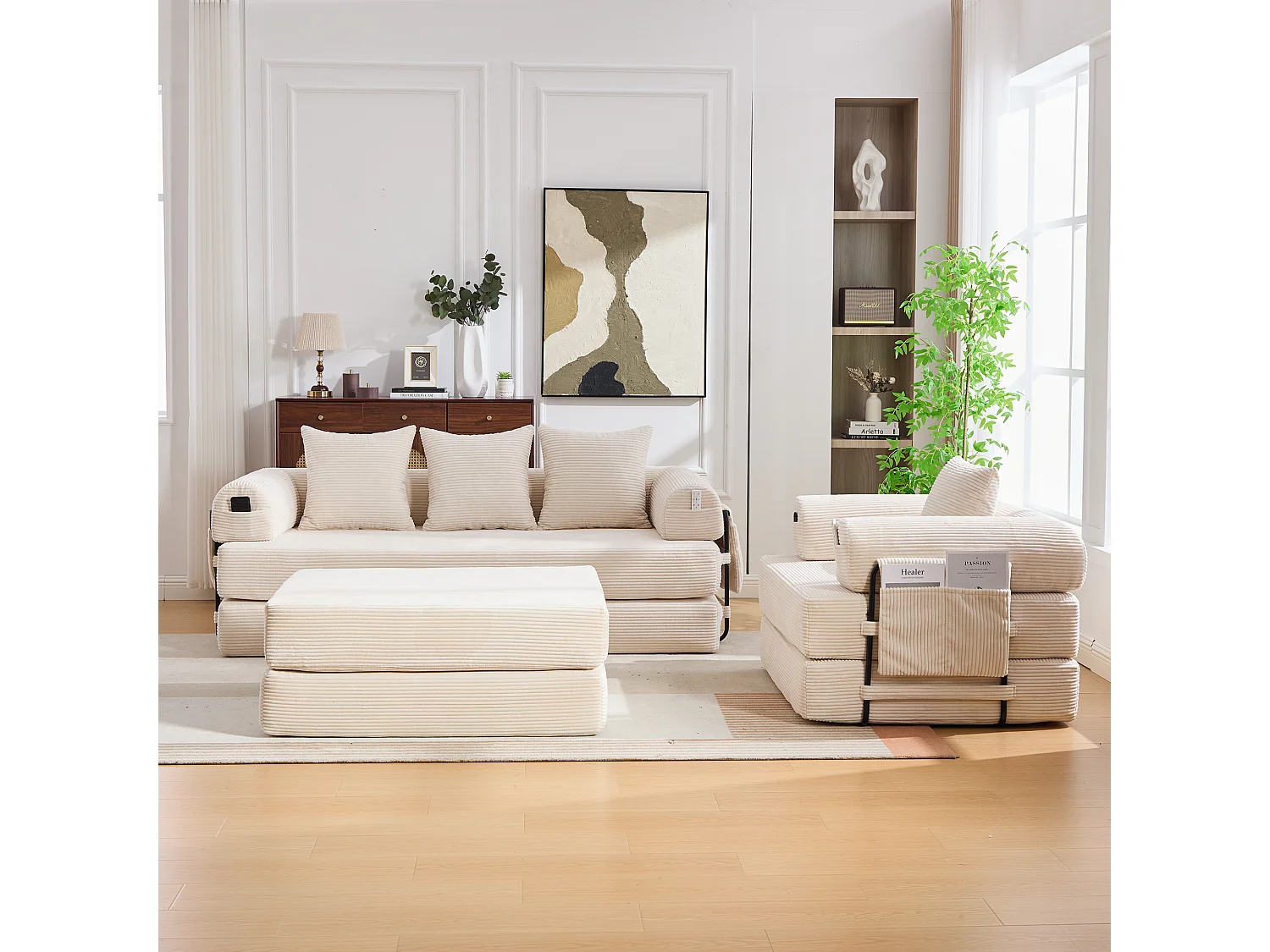 Conjunto de sofá modular de 4 lugares - 200 x 190 x 67 cm - com 4 almofadas + 1 poltrona - veludo cotelê - bege