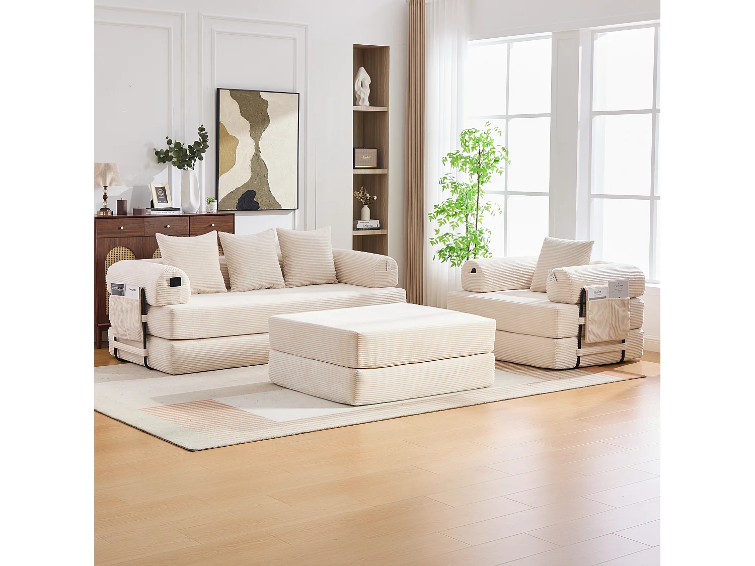 Conjunto de sofá modular de 4 lugares - 200 x 190 x 67 cm - com 4 almofadas + 1 poltrona - veludo cotelê - bege