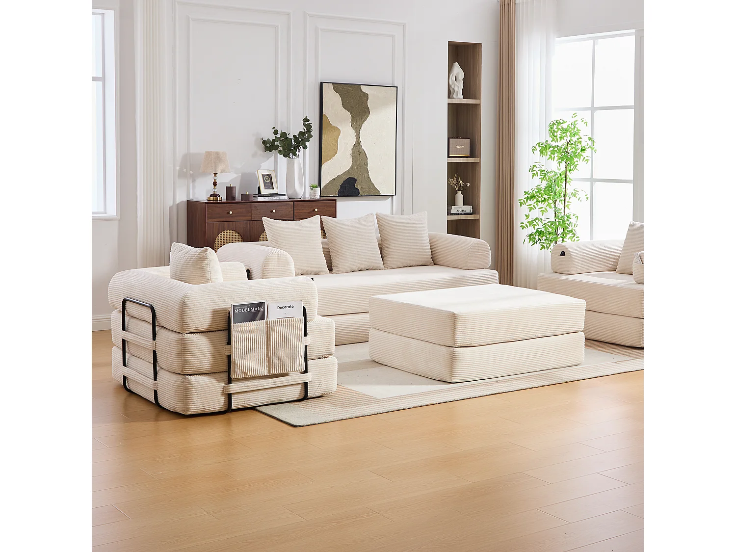 Conjunto de sofá modular de 4 lugares - 200 x 190 x 67 cm - com 4 almofadas + 1 poltrona - veludo cotelê - bege