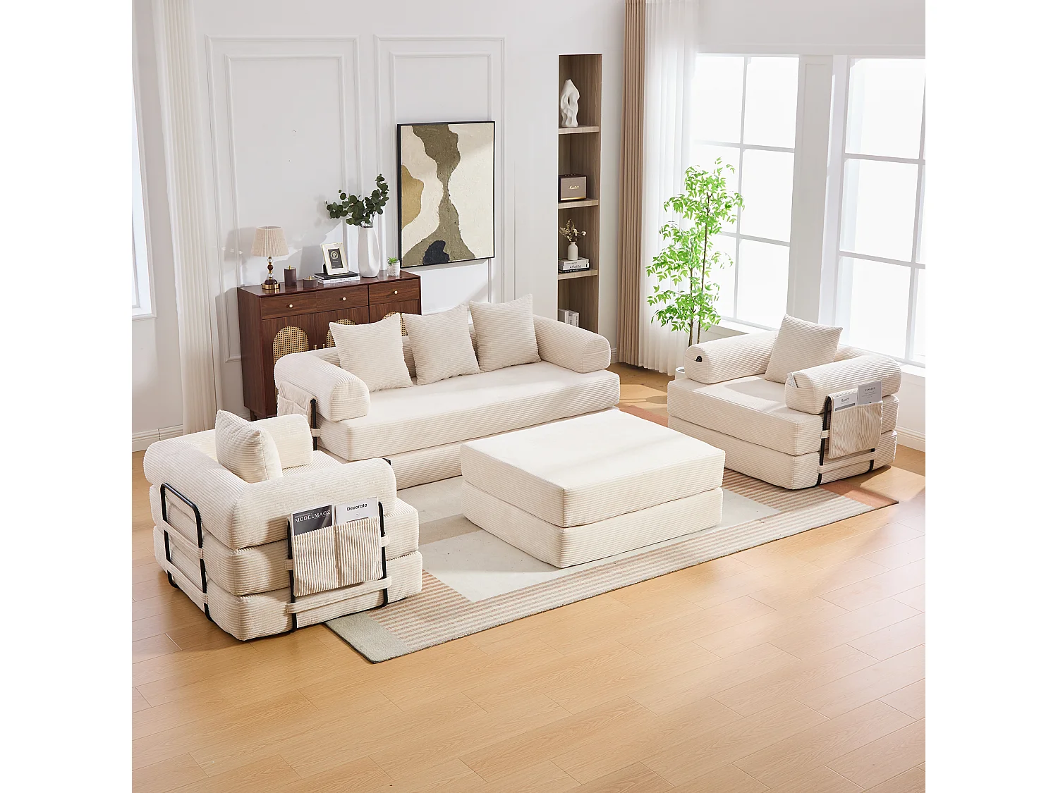 Conjunto de sofá modular de 4 lugares - 200 x 190 x 67 cm - com 4 almofadas + 1 poltrona - veludo cotelê - bege