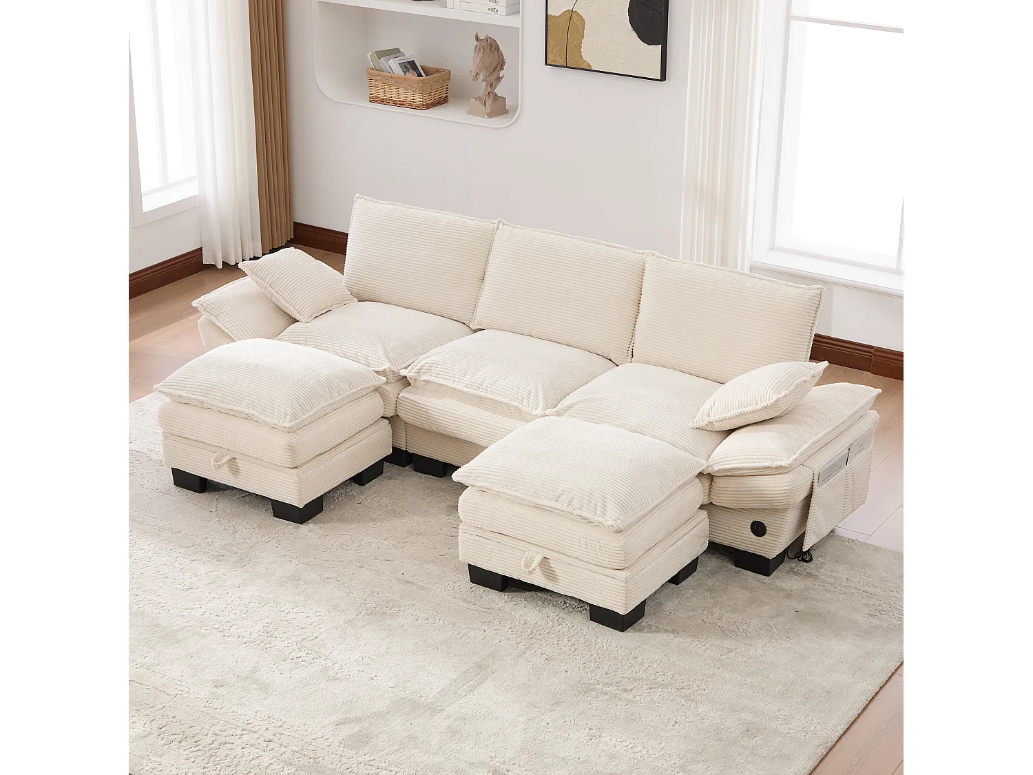 3-Sitzer-Cordsofa-Set – 260 x 132 x 84 cm – mit 2 Aufbewahrungshockern, USB-Anschluss und Taschen – beige