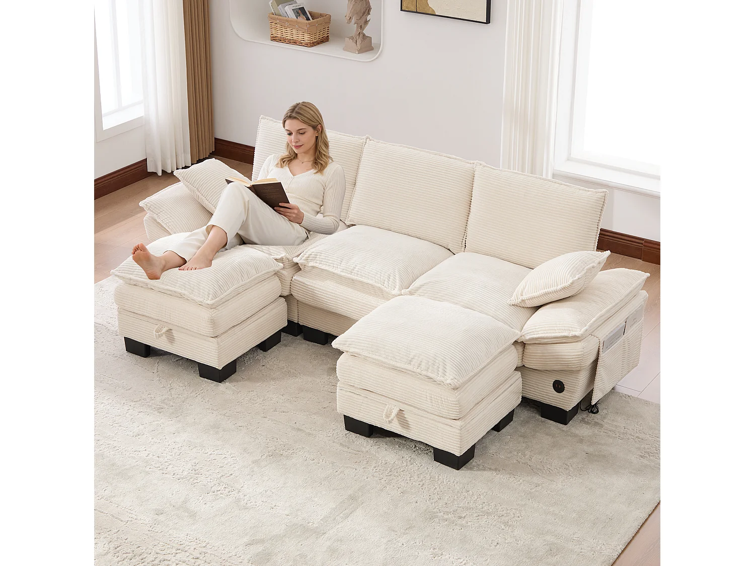 3-Sitzer-Cordsofa-Set – 260 x 132 x 84 cm – mit 2 Aufbewahrungshockern, USB-Anschluss und Taschen – beige