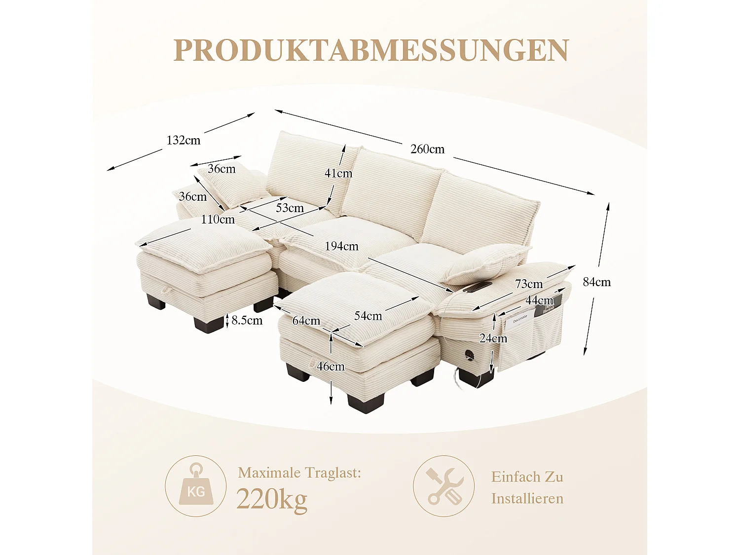 3-Sitzer-Cordsofa-Set – 260 x 132 x 84 cm – mit 2 Aufbewahrungshockern, USB-Anschluss und Taschen – beige