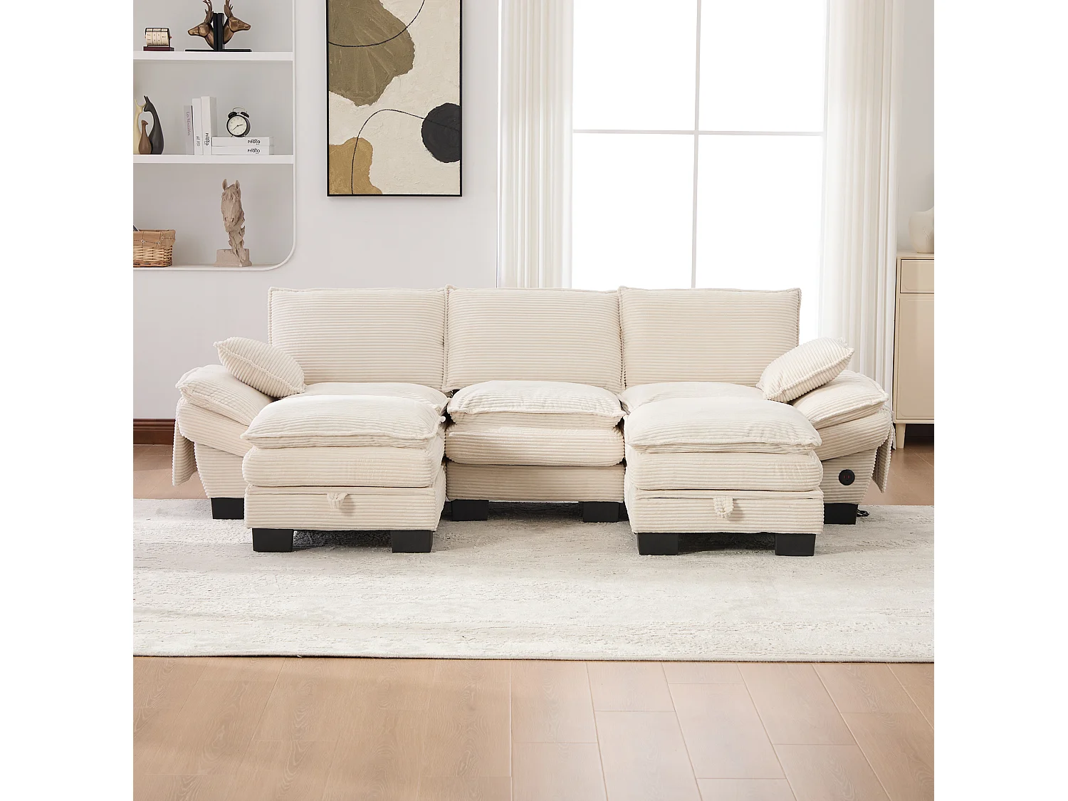 3-Sitzer-Cordsofa-Set – 260 x 132 x 84 cm – mit 2 Aufbewahrungshockern, USB-Anschluss und Taschen – beige