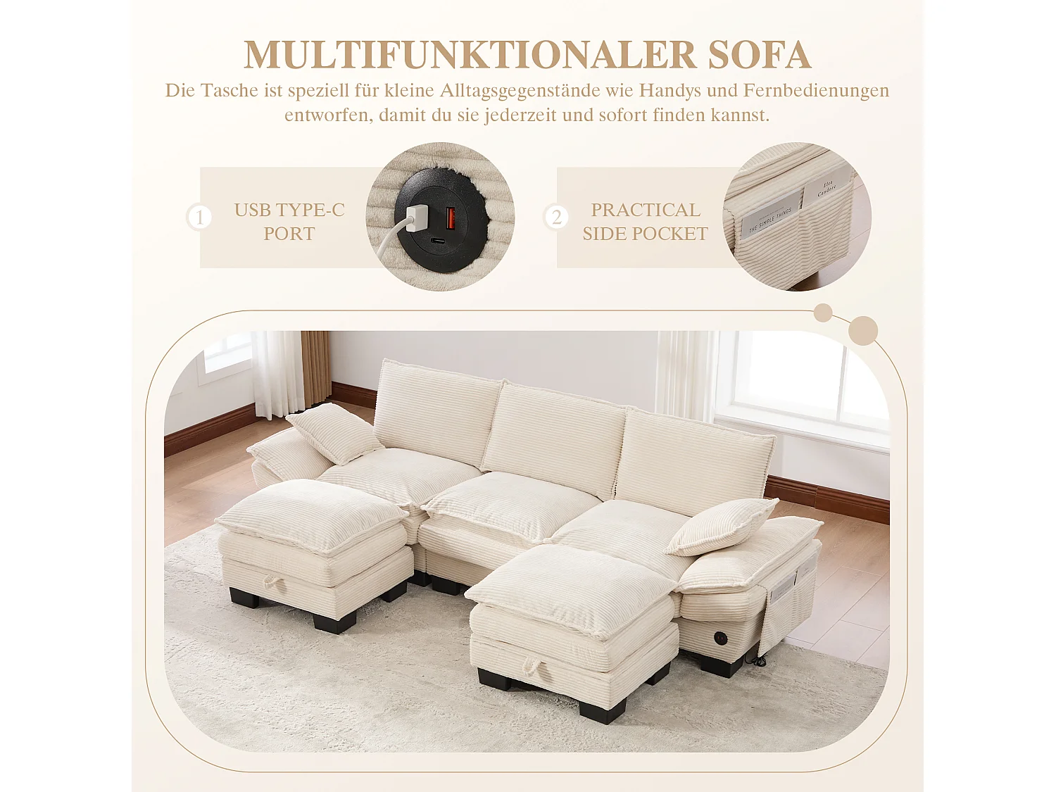 3-Sitzer-Cordsofa-Set – 260 x 132 x 84 cm – mit 2 Aufbewahrungshockern, USB-Anschluss und Taschen – beige