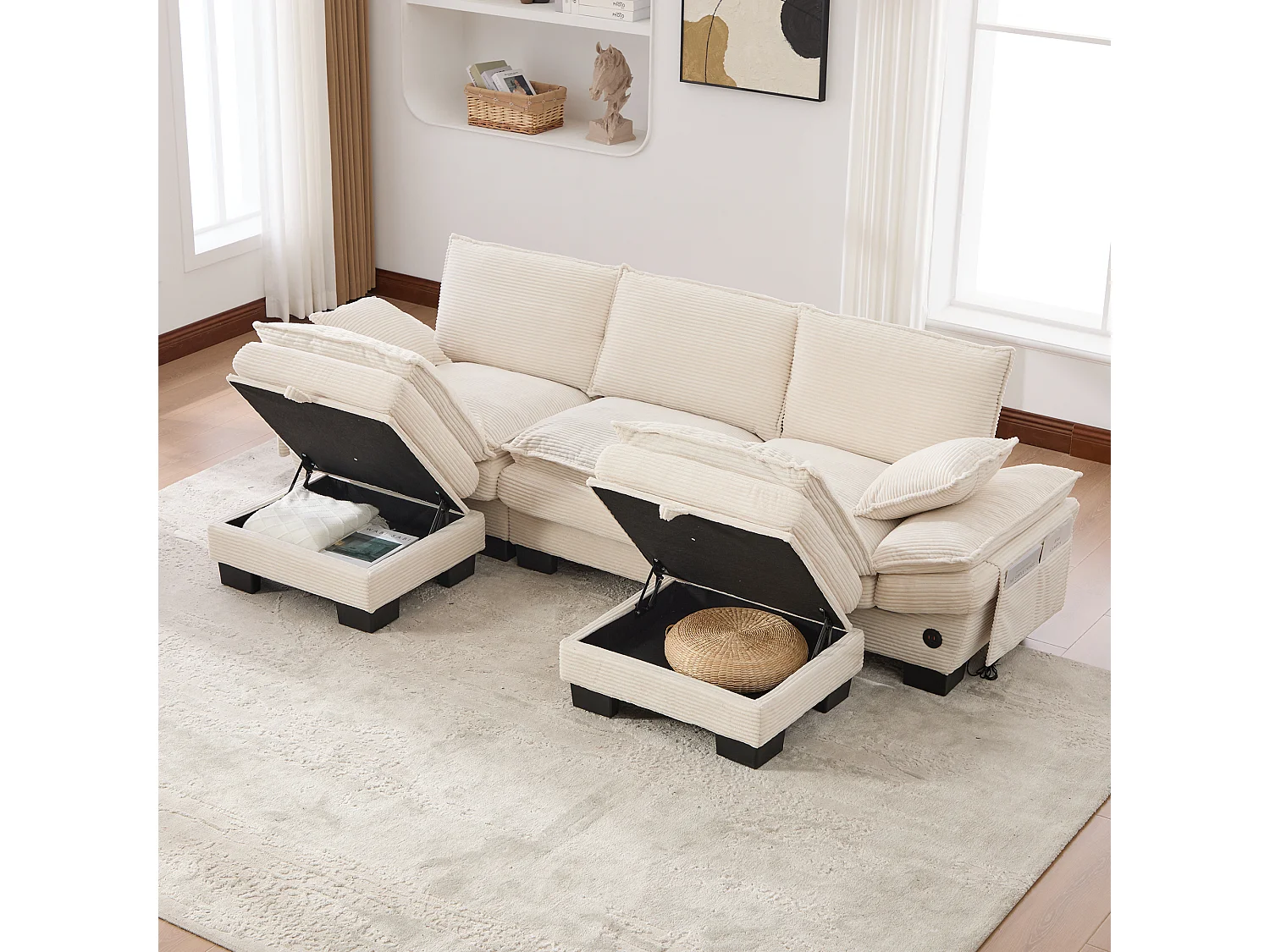 3-Sitzer-Cordsofa-Set – 260 x 132 x 84 cm – mit 2 Aufbewahrungshockern, USB-Anschluss und Taschen – beige