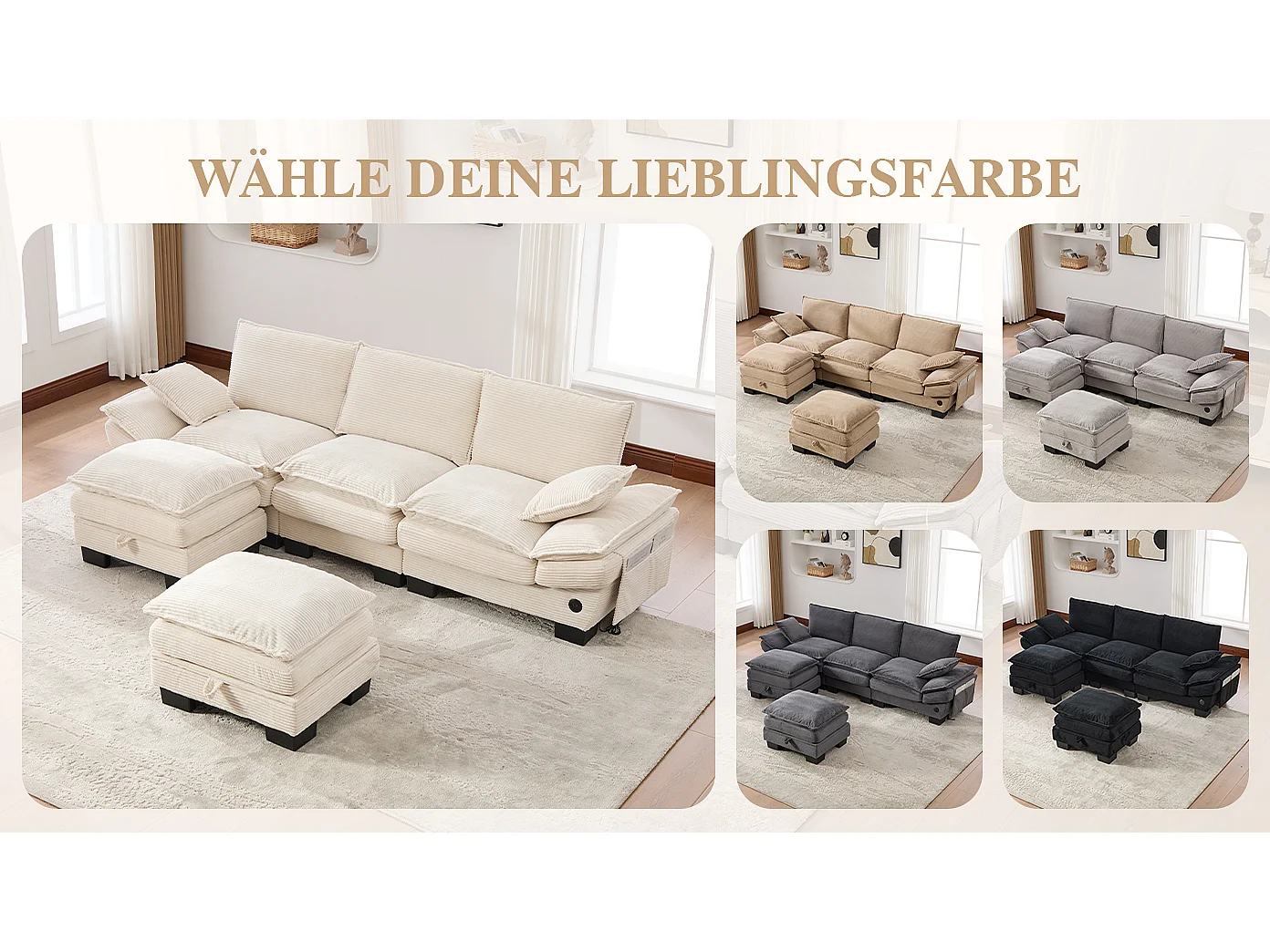 3-Sitzer-Cordsofa-Set – 260 x 132 x 84 cm – mit 2 Aufbewahrungshockern, USB-Anschluss und Taschen – beige