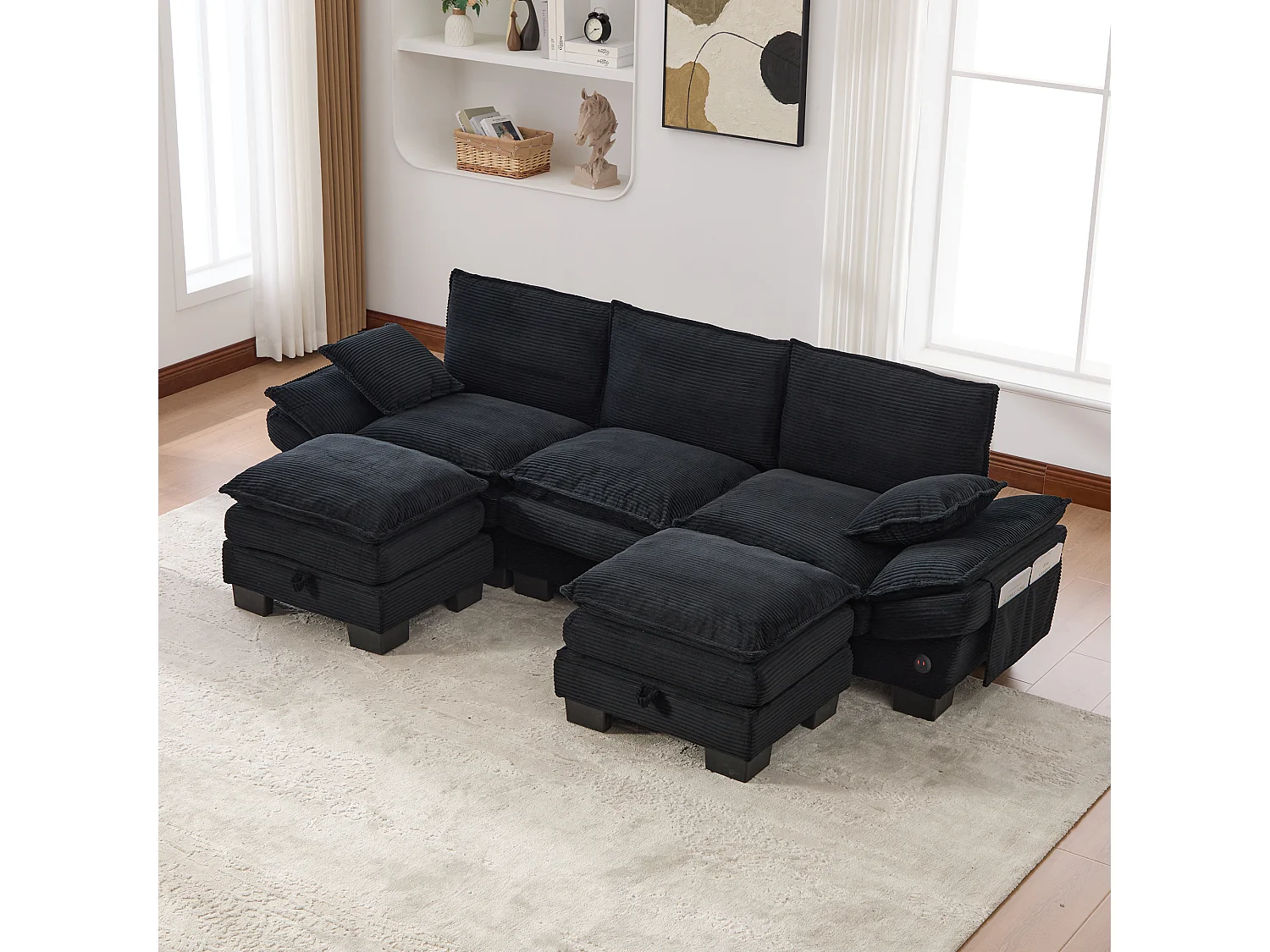3-Sitzer-Cordsofa-Set – 260 x 132 x 84 cm – mit 2 Aufbewahrungshockern, USB-Anschluss und Taschen – schwarz