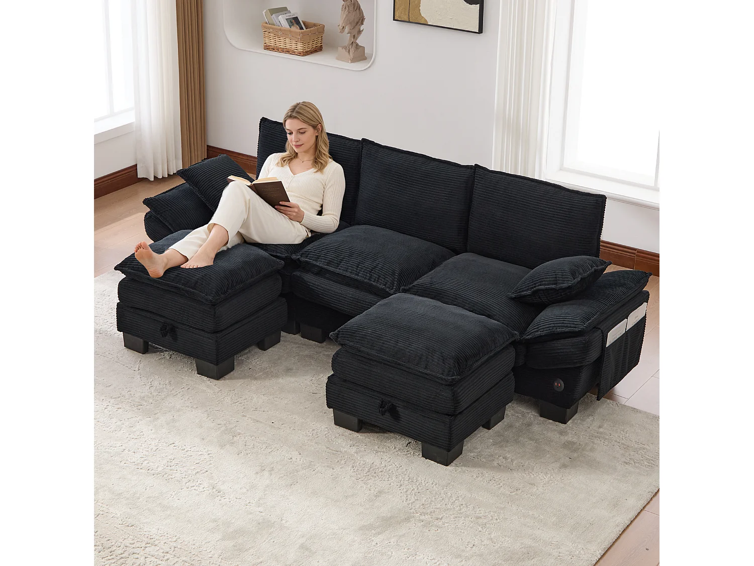 3-Sitzer-Cordsofa-Set – 260 x 132 x 84 cm – mit 2 Aufbewahrungshockern, USB-Anschluss und Taschen – schwarz