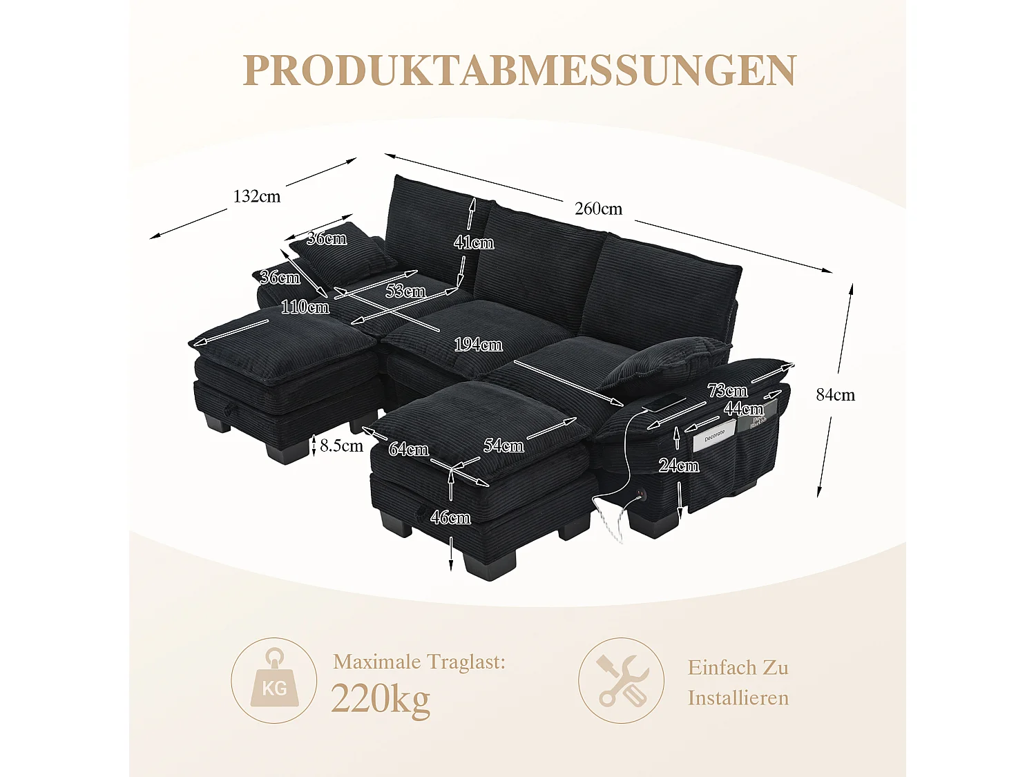 3-Sitzer-Cordsofa-Set – 260 x 132 x 84 cm – mit 2 Aufbewahrungshockern, USB-Anschluss und Taschen – schwarz