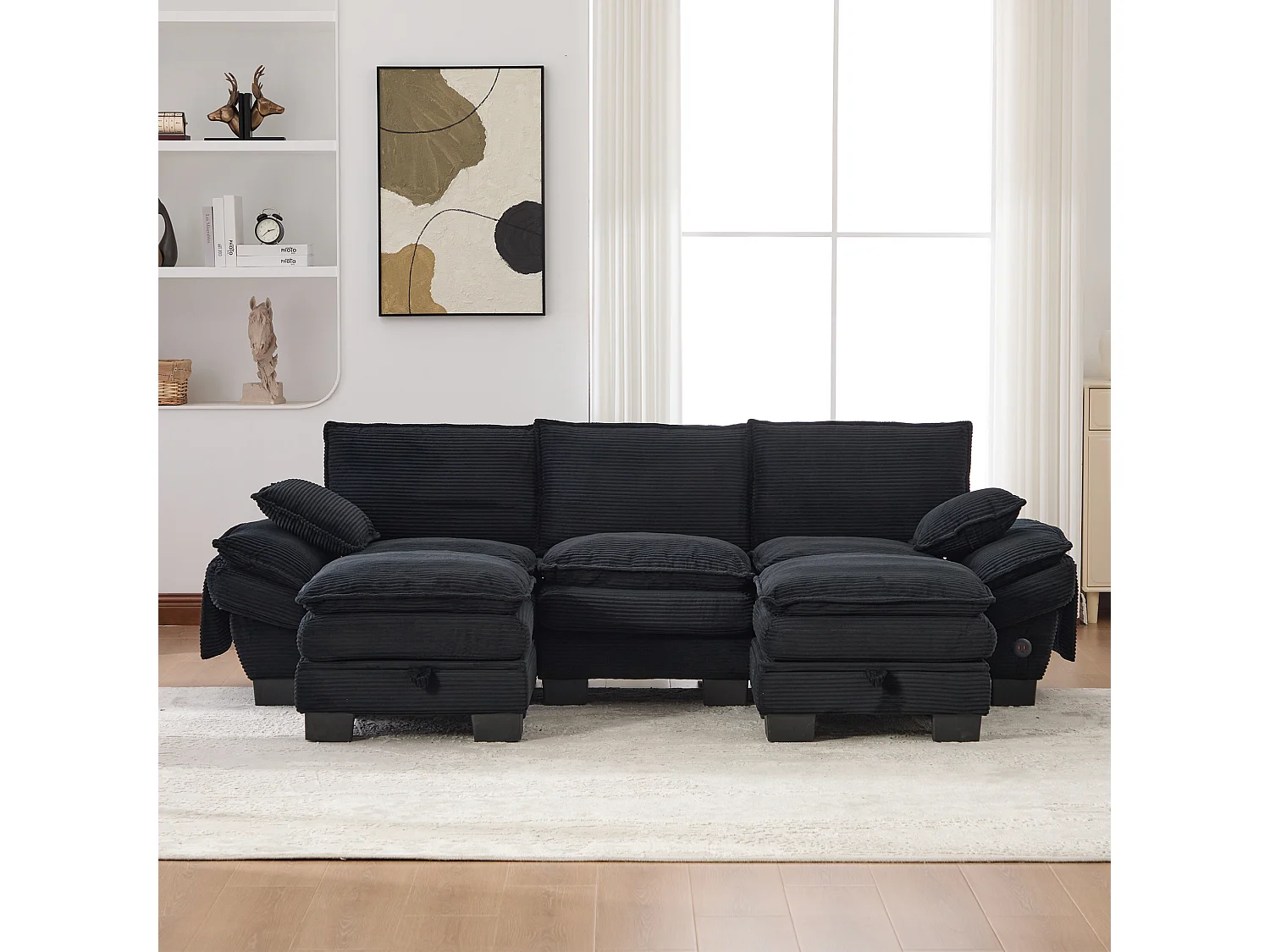 3-Sitzer-Cordsofa-Set – 260 x 132 x 84 cm – mit 2 Aufbewahrungshockern, USB-Anschluss und Taschen – schwarz
