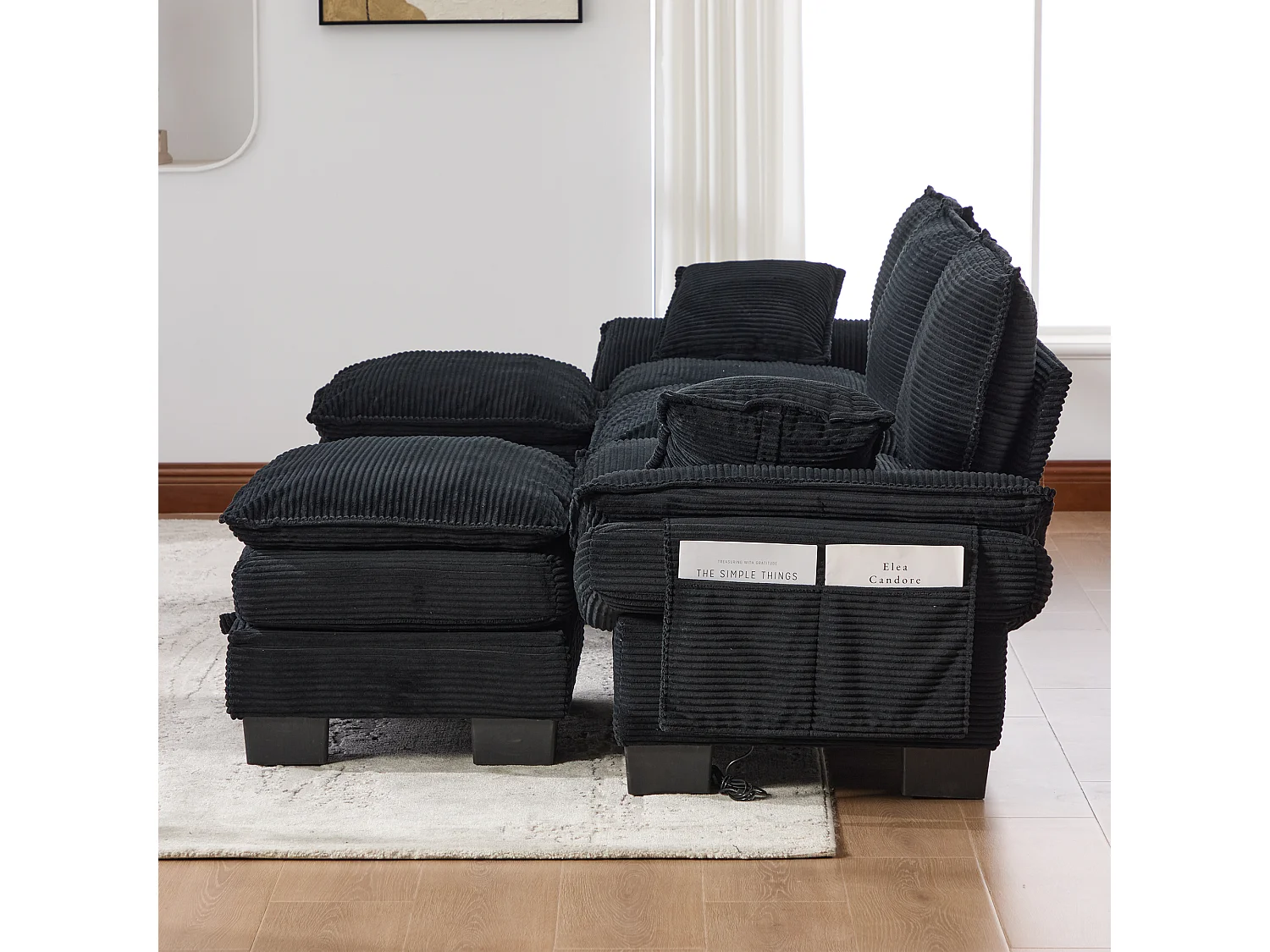 3-Sitzer-Cordsofa-Set – 260 x 132 x 84 cm – mit 2 Aufbewahrungshockern, USB-Anschluss und Taschen – schwarz