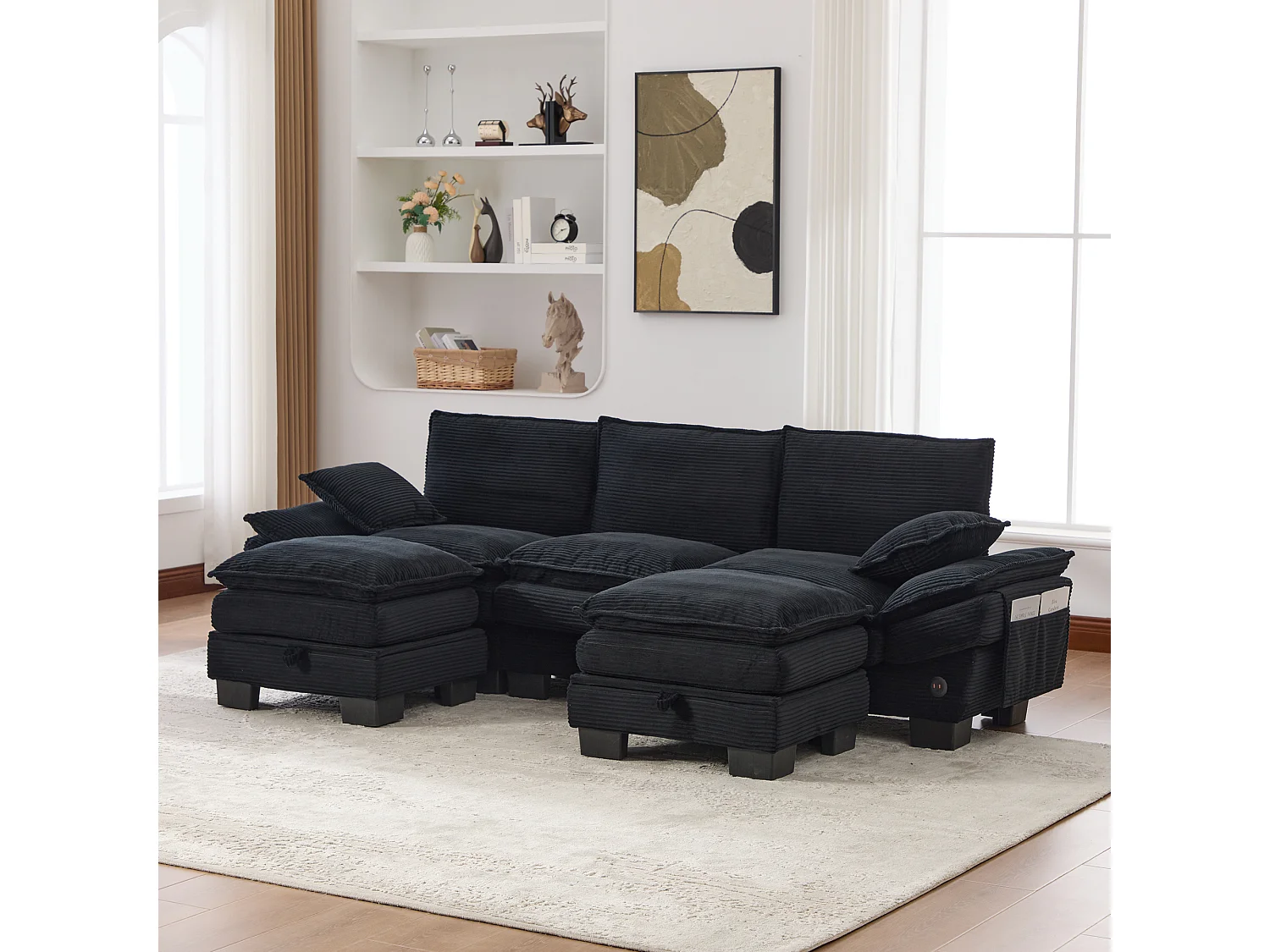 3-Sitzer-Cordsofa-Set – 260 x 132 x 84 cm – mit 2 Aufbewahrungshockern, USB-Anschluss und Taschen – schwarz