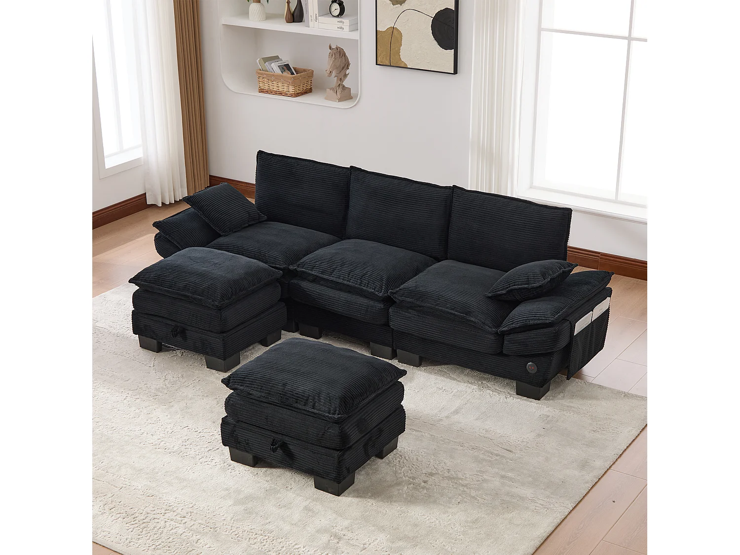 3-Sitzer-Cordsofa-Set – 260 x 132 x 84 cm – mit 2 Aufbewahrungshockern, USB-Anschluss und Taschen – schwarz